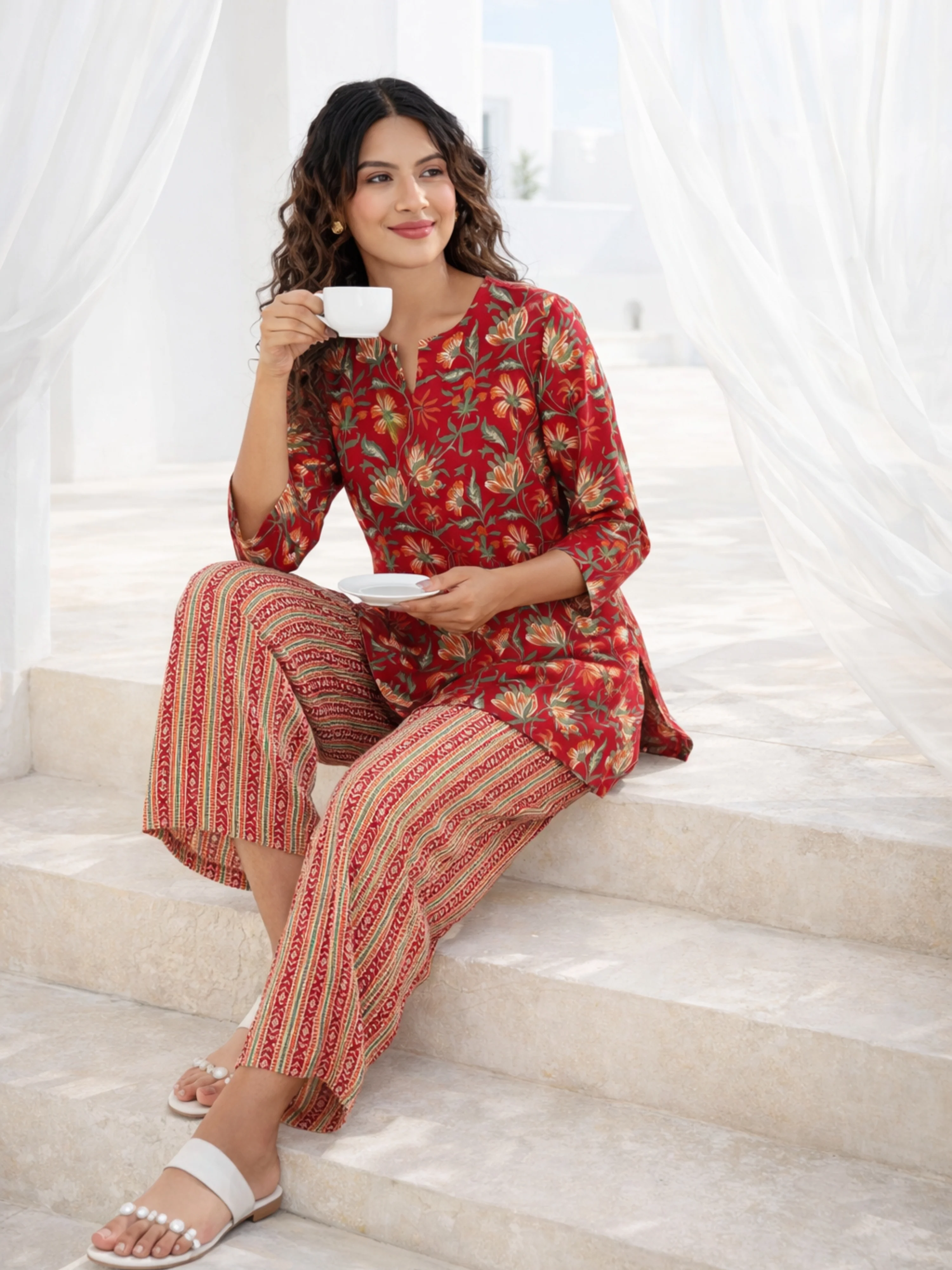 Red Nazakat Pure Cotton Round Neck Co-ord set - Image 7