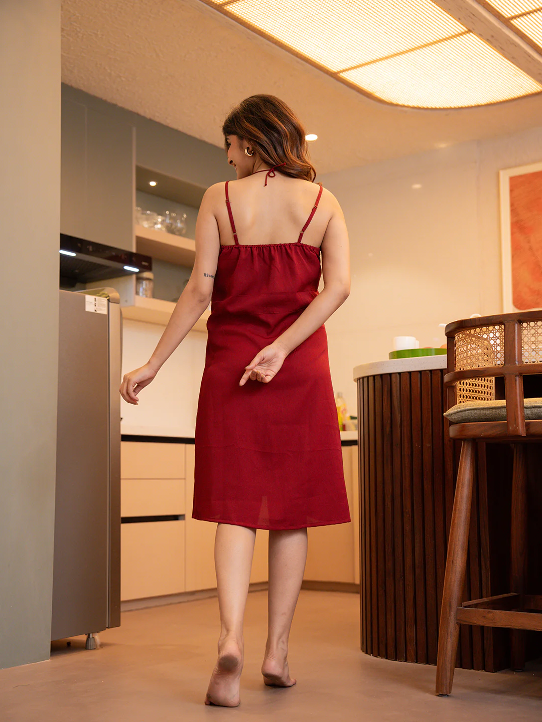 Raspberry Red Soft Crepe Night Dress - Image 6