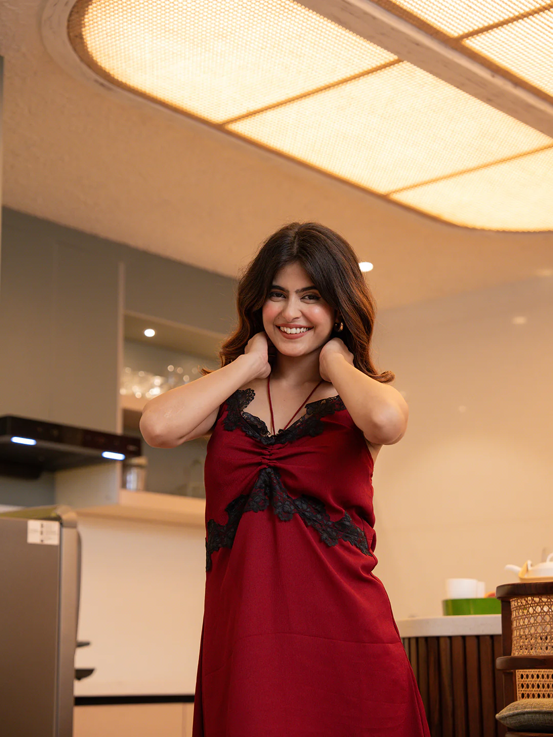 Raspberry Red Soft Crepe Night Dress - Image 7