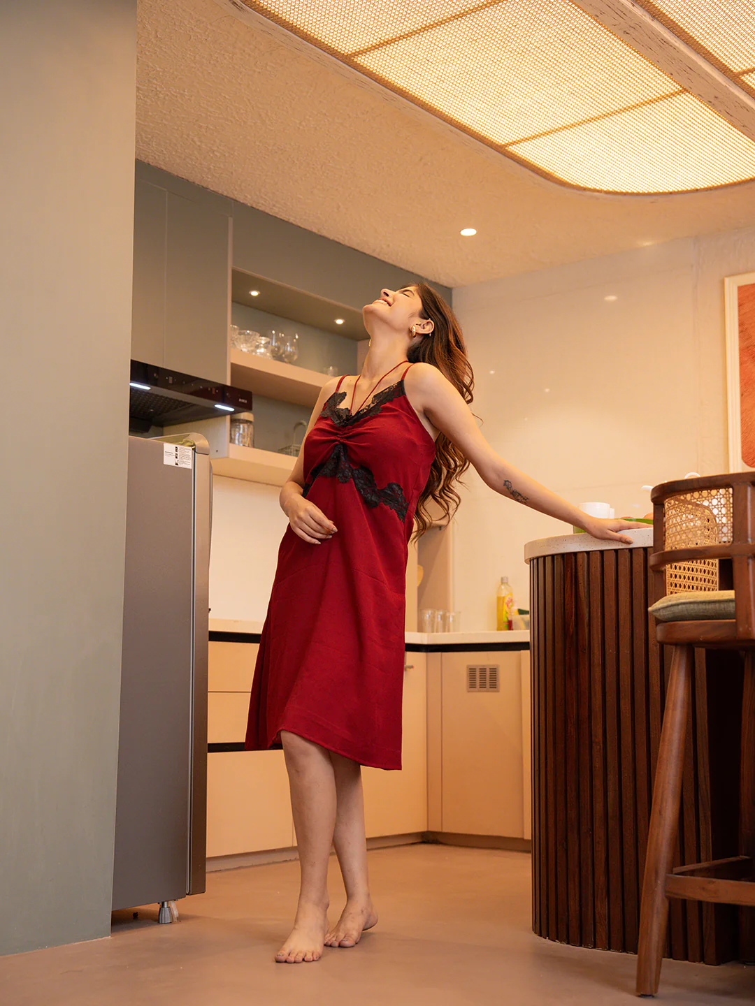 Raspberry Red Soft Crepe Night Dress - Image 9