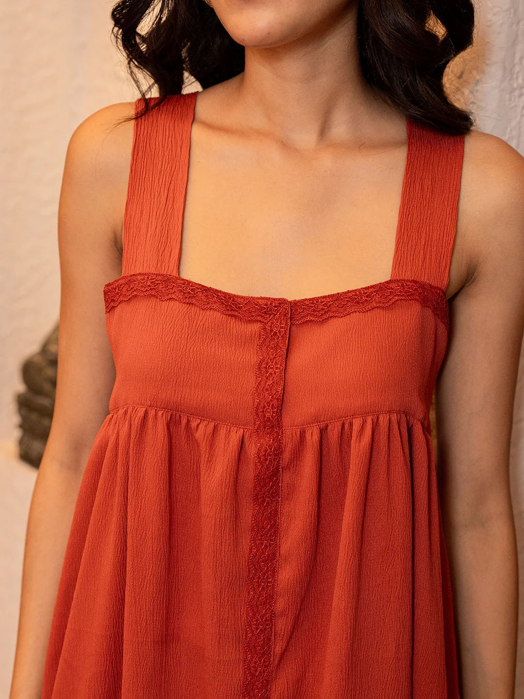 Rust Orange Crepe Square Neck Midi Night Dress - Image 2