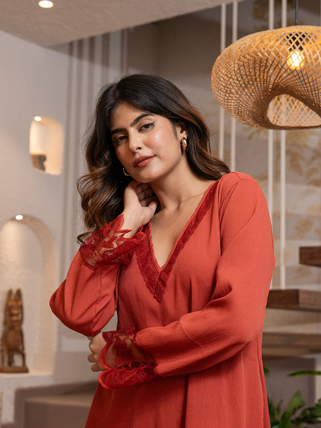 Rust Orange Soft Crepe V-Neck Midi Night Gown - Image 21