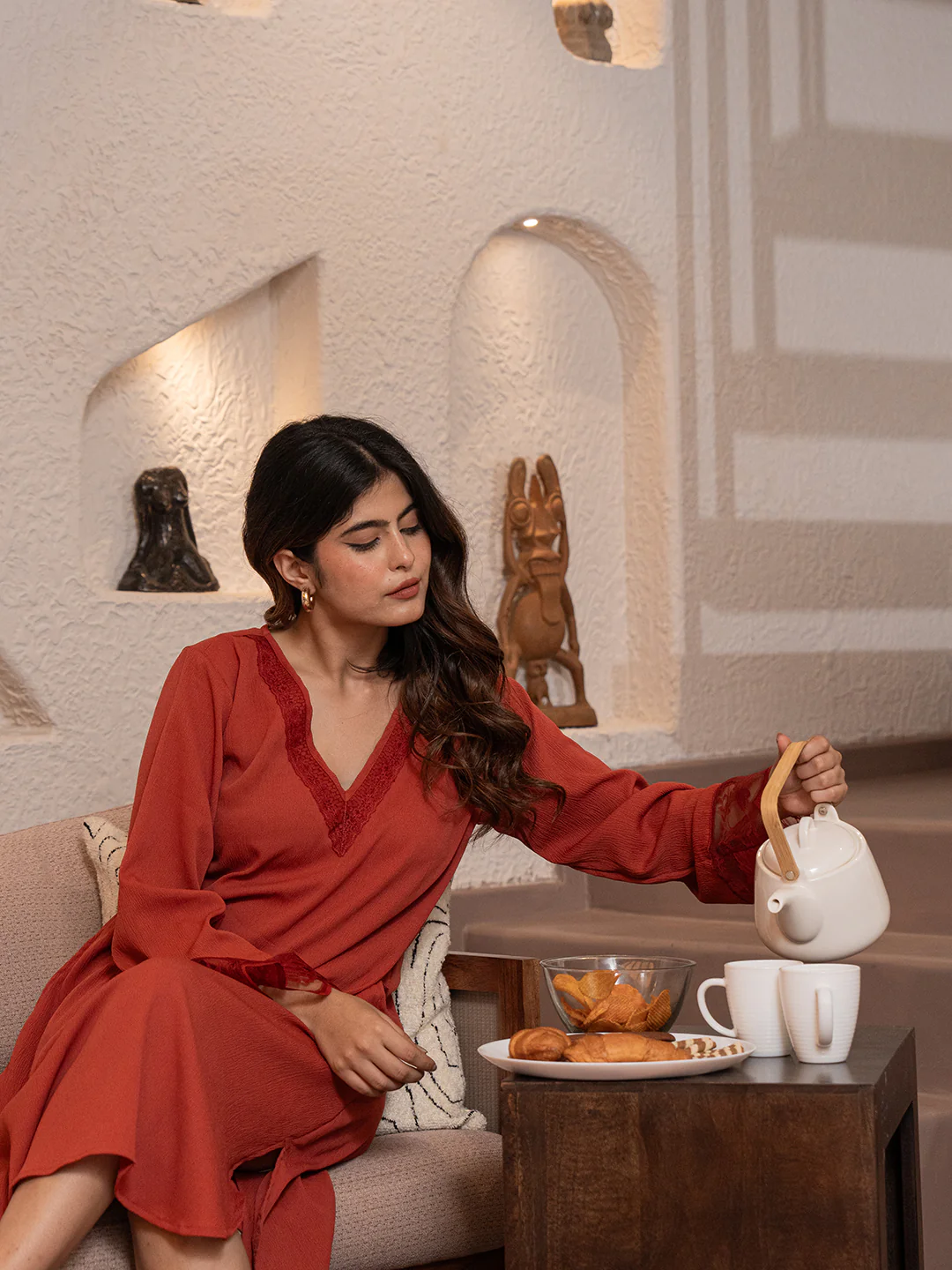 Rust Orange Soft Crepe V-Neck Midi Night Gown - Image 22