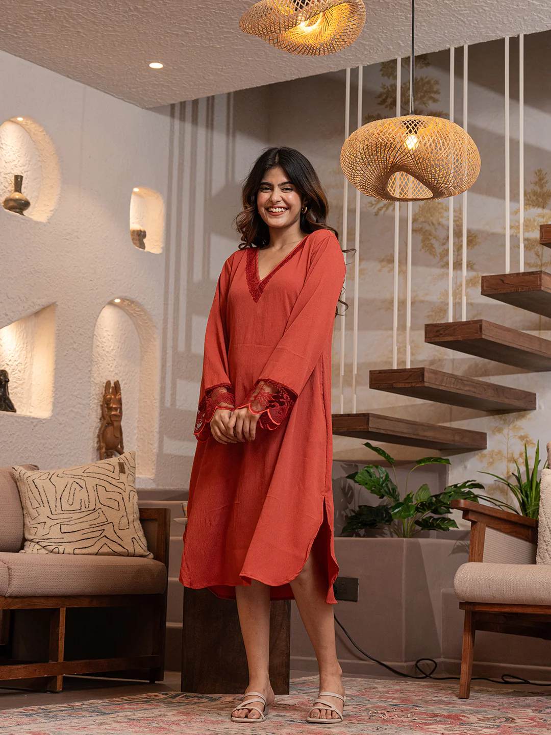 Rust Orange Soft Crepe V-Neck Midi Night Gown - Image 5