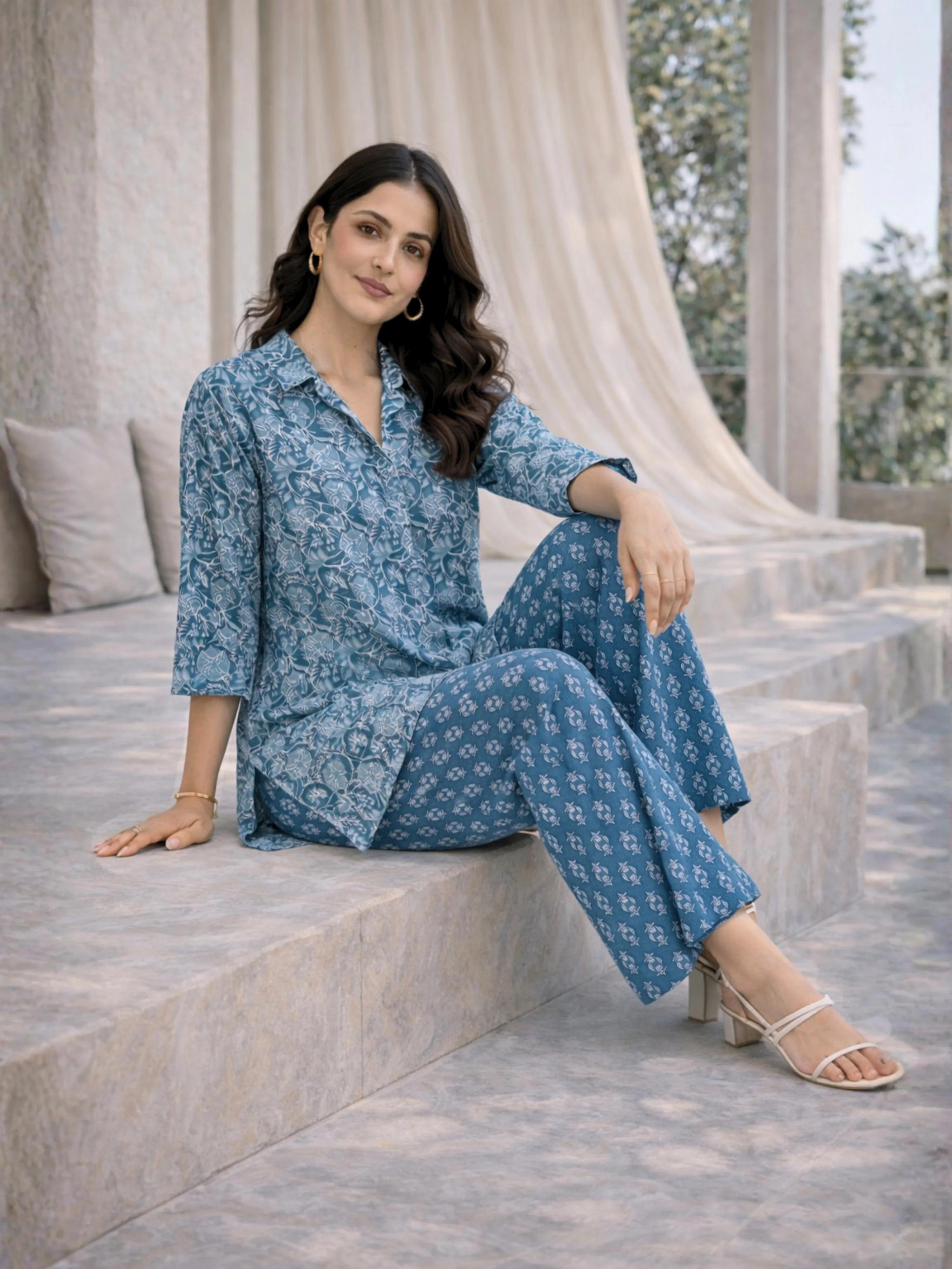 Sea Blue Breeze Print Pure Cotton Collar Shirt Co-ord set - Image 2