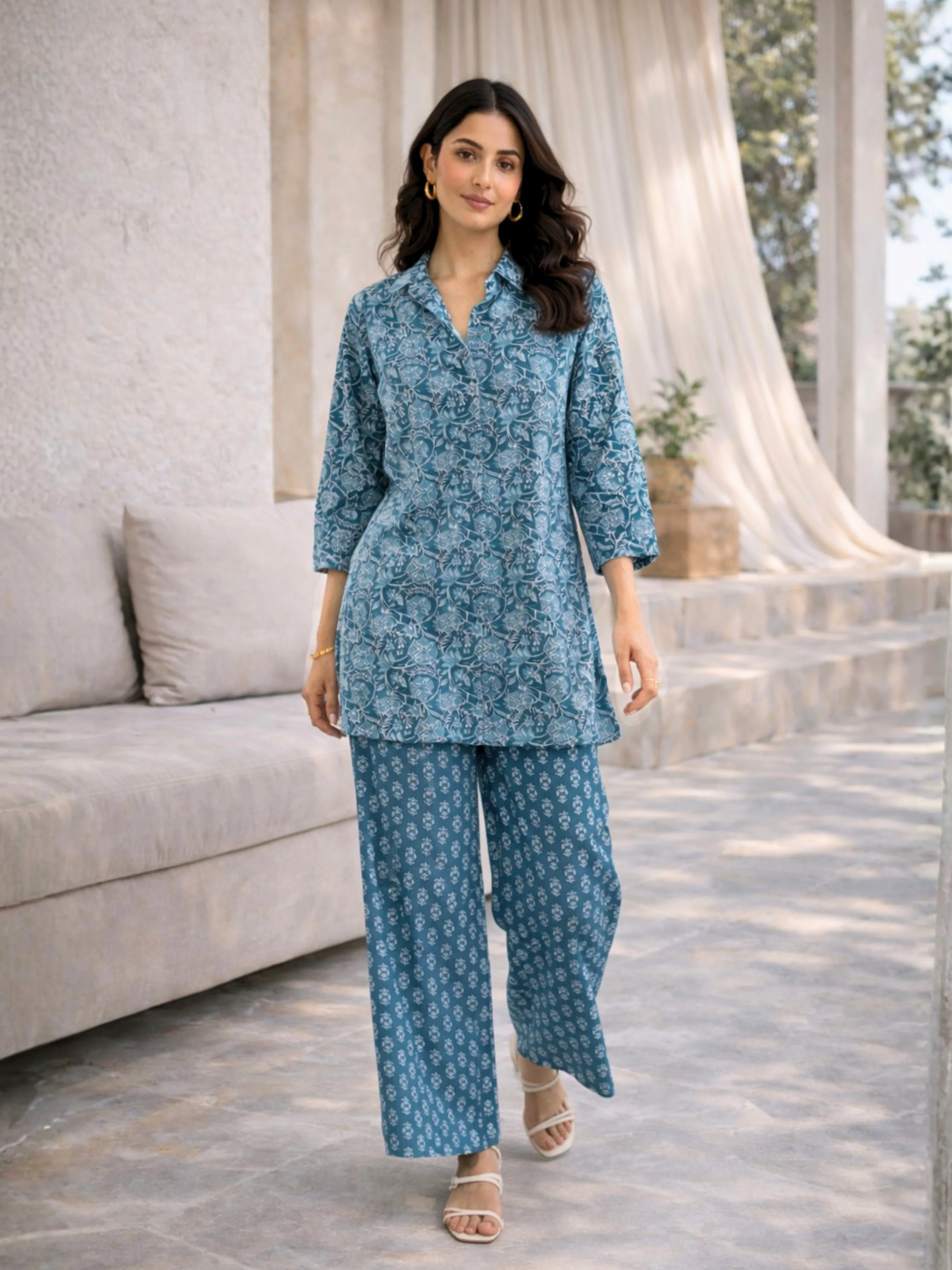 Sea Blue Breeze Print Pure Cotton Collar Shirt Co-ord set - Image 3