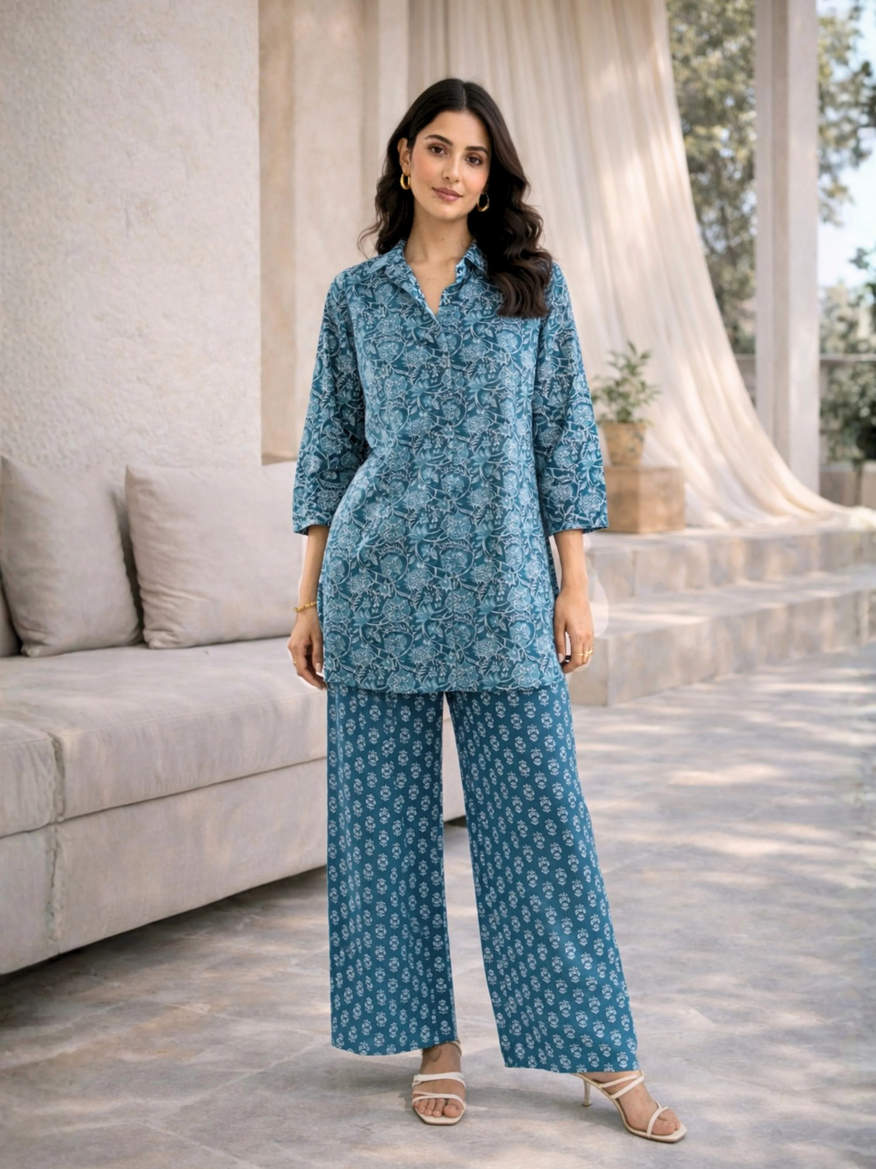 Sea Blue Breeze Print Pure Cotton Collar Shirt Co-ord set - Image 4