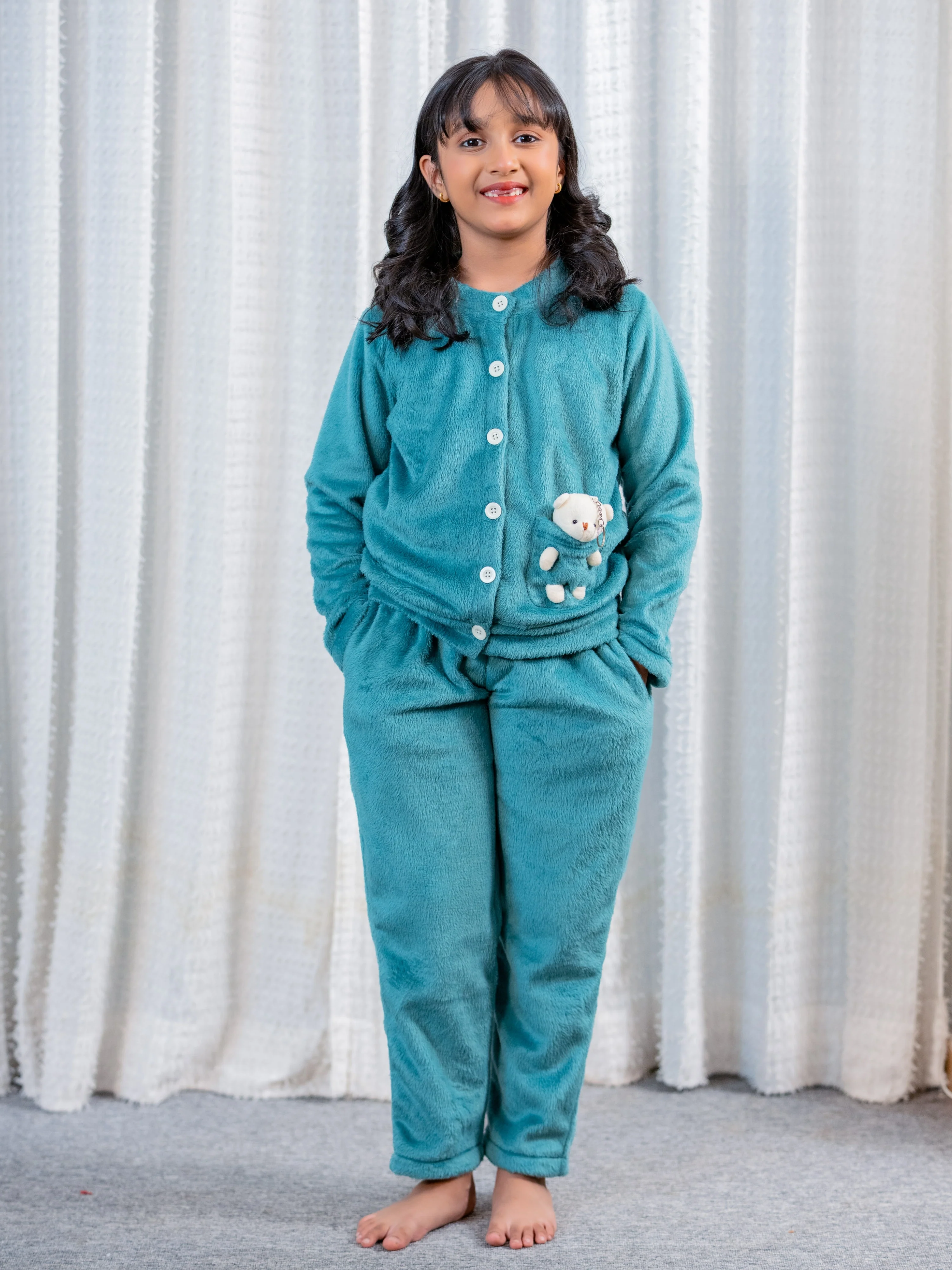 Sea Green Super Soft Kids Unisex Woollen Cardigan Set With Teddy - Image 4