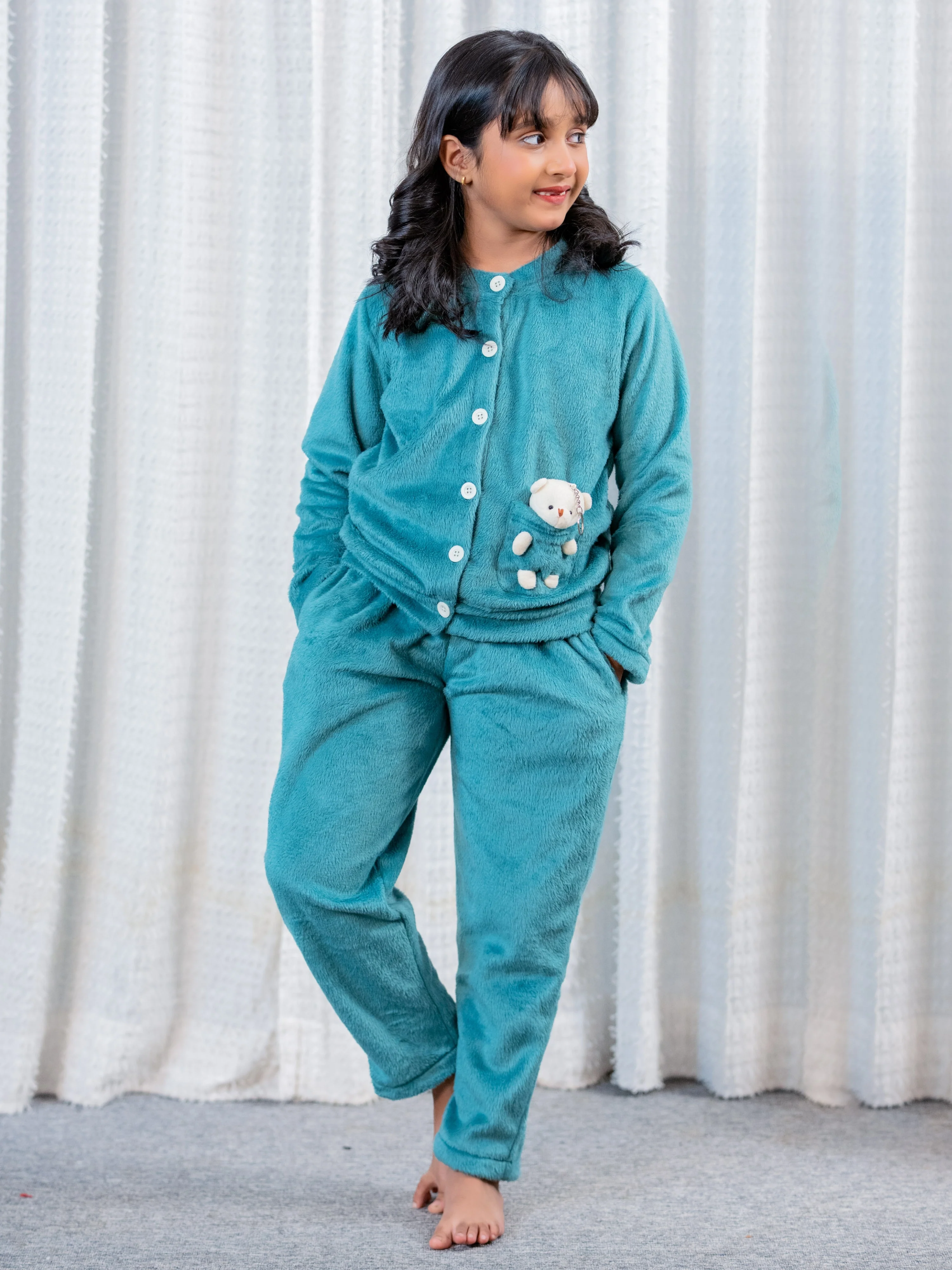 Sea Green Super Soft Kids Unisex Woollen Cardigan Set With Teddy - Image 7