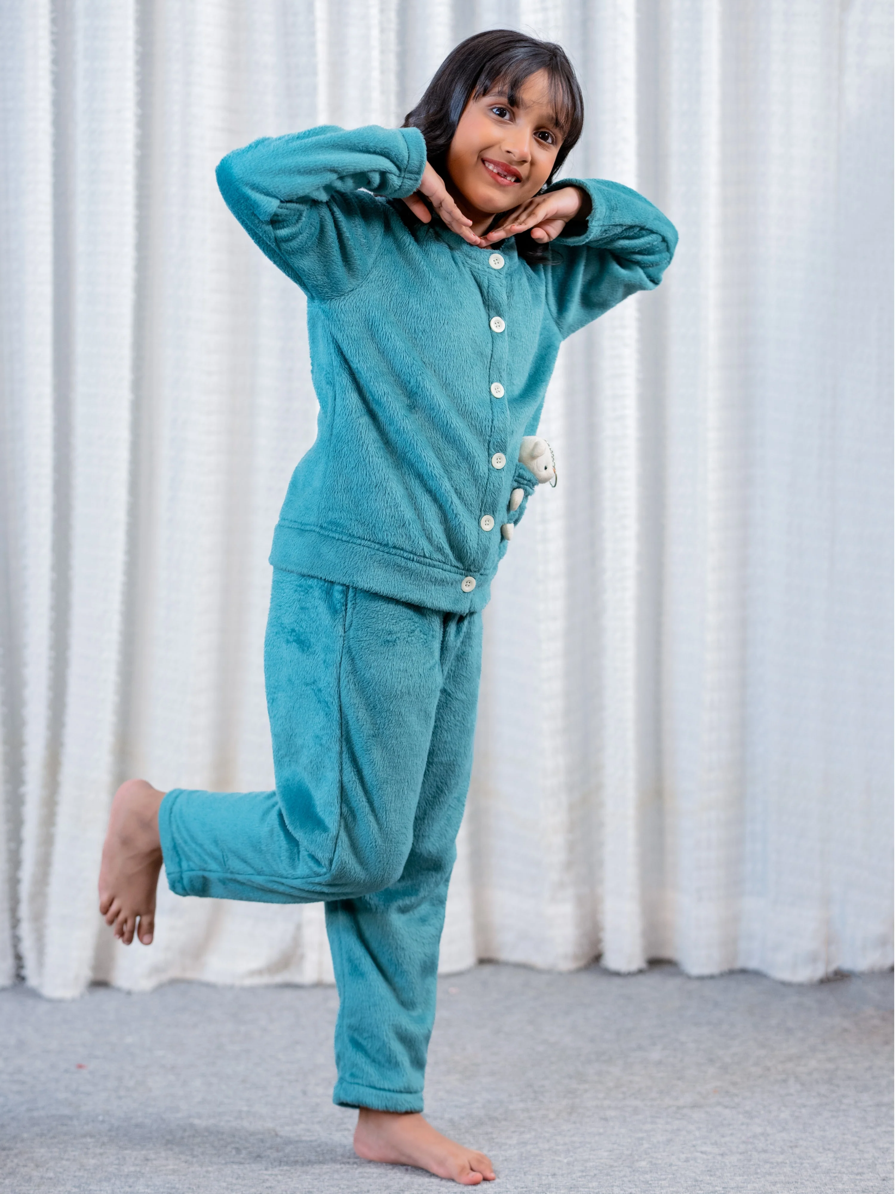 Sea Green Super Soft Kids Unisex Woollen Cardigan Set With Teddy - Image 8