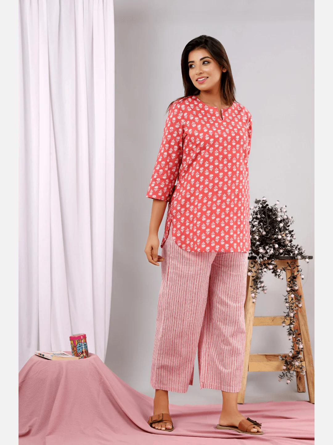 Coral Blush Block Printed cotton Lounge Wear - Image 3