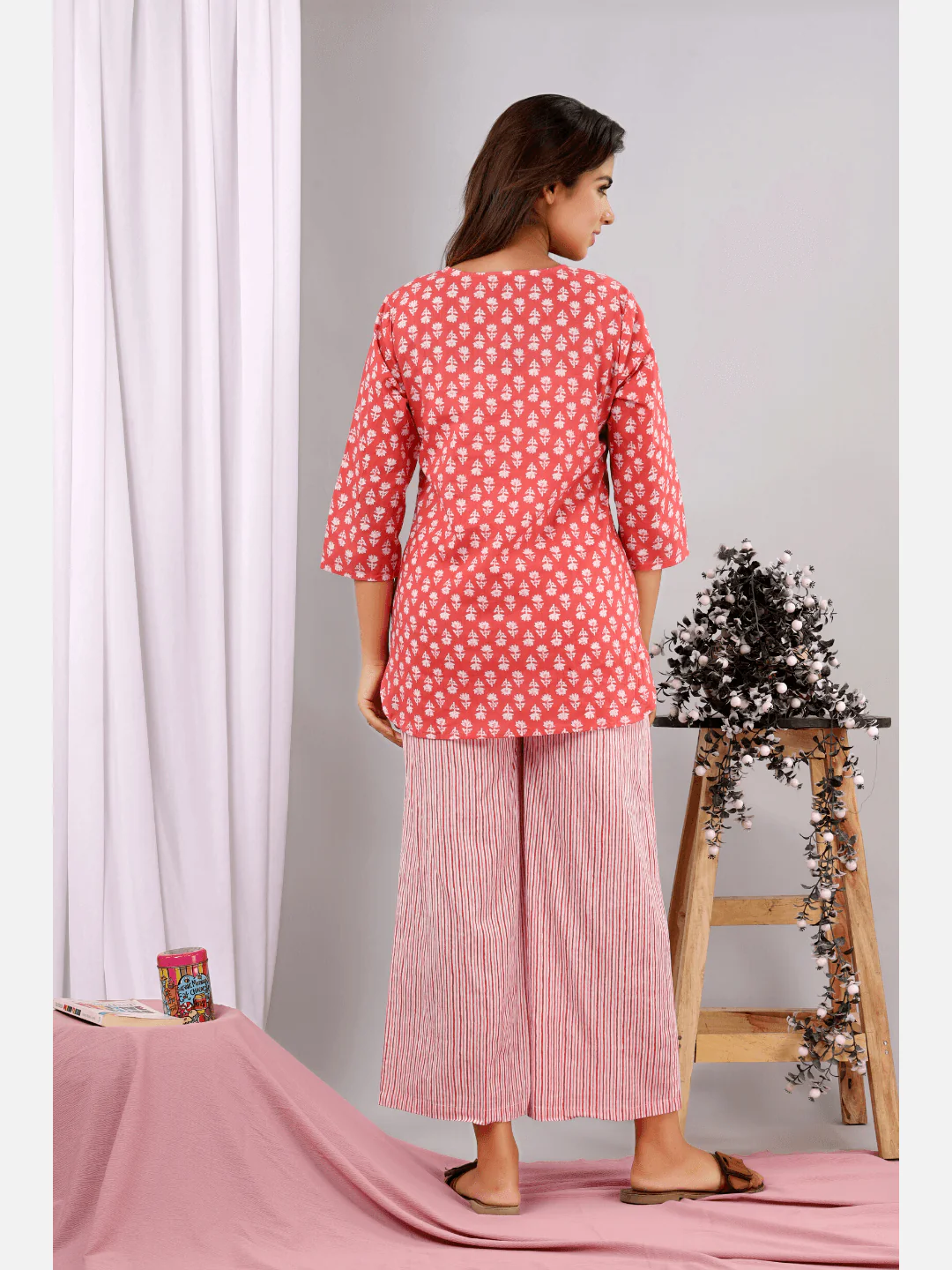 Coral Blush Block Printed cotton Lounge Wear - Image 4