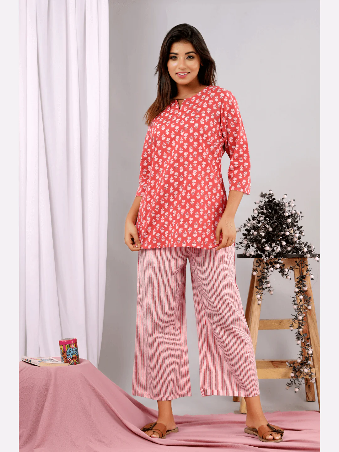 Coral Blush Block Printed cotton Lounge Wear - Image 7