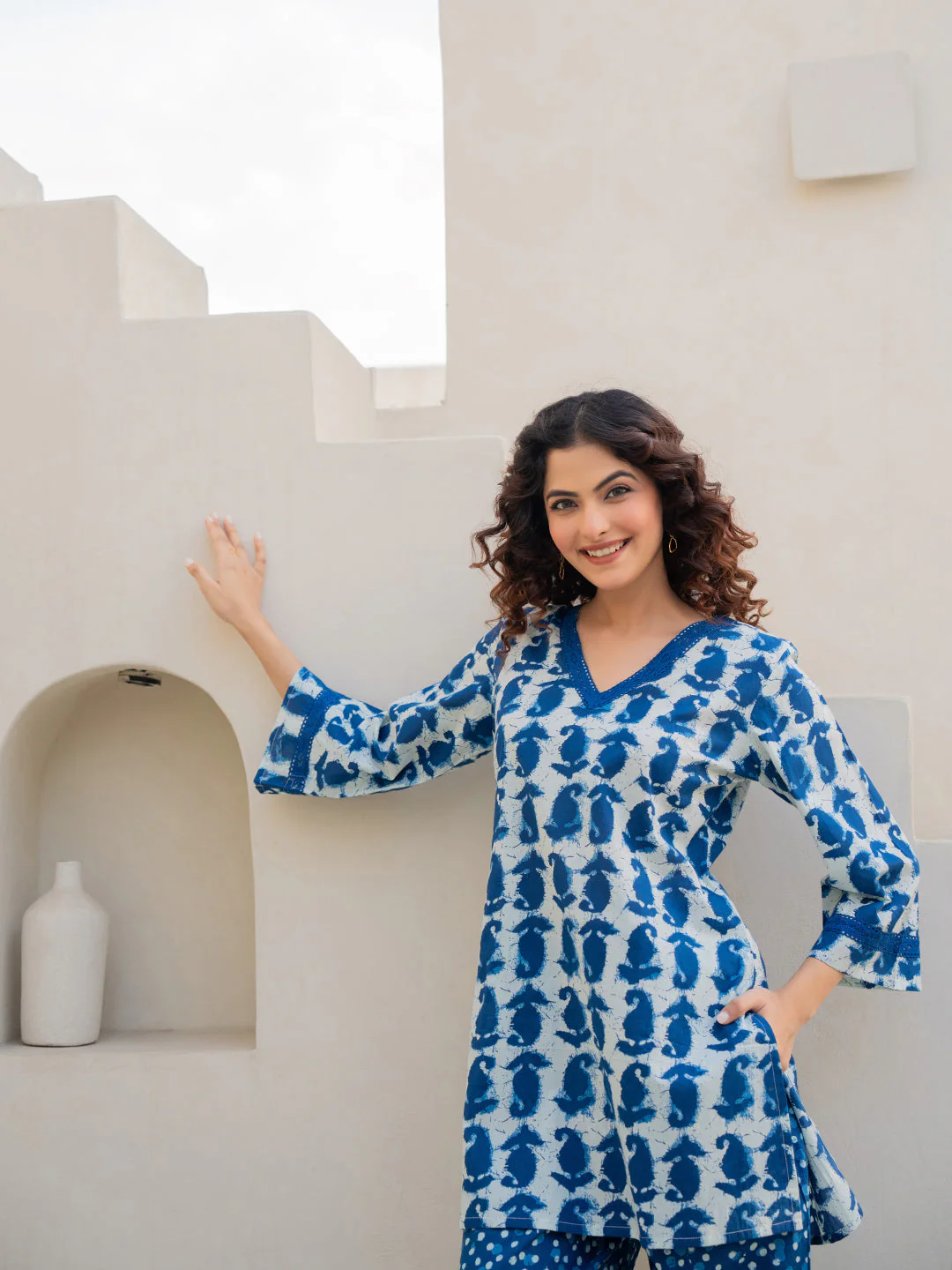 V-Neck Lace Sapphire Blue White Cotton Lounge Wear - Image 10