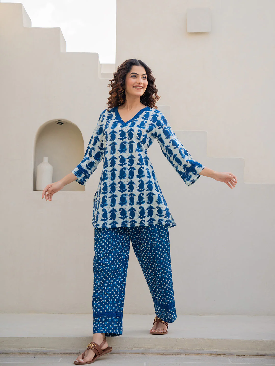 V-Neck Lace Sapphire Blue White Cotton Lounge Wear - Image 11