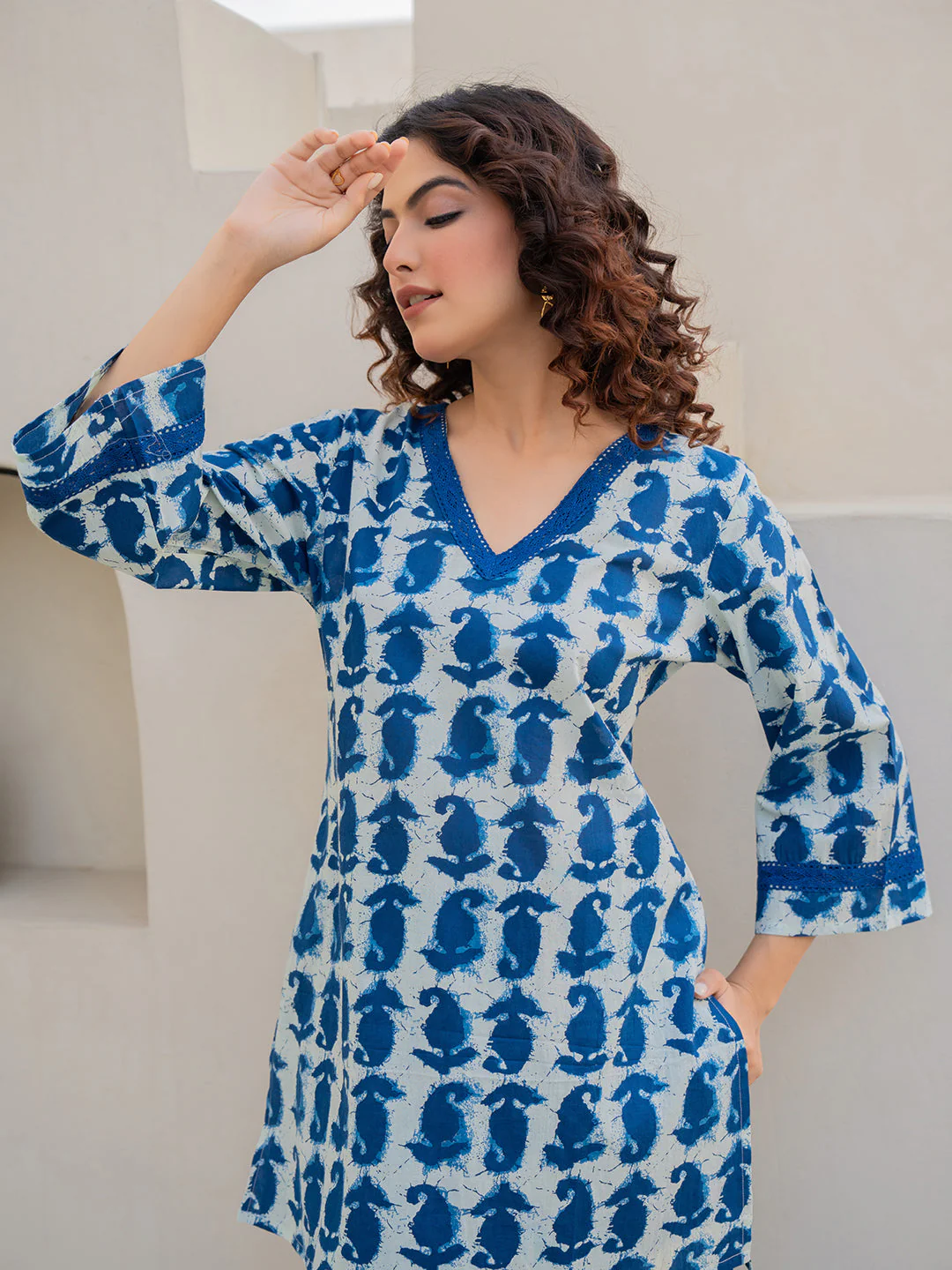 V-Neck Lace Sapphire Blue White Cotton Lounge Wear - Image 12