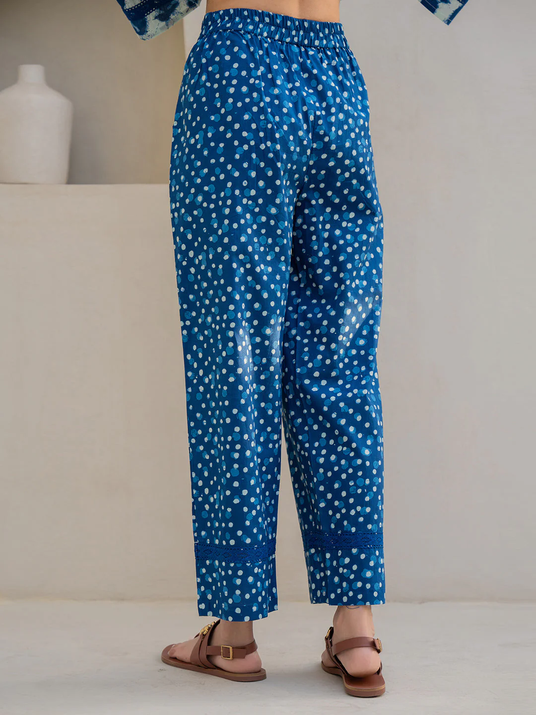 V-Neck Lace Sapphire Blue White Cotton Lounge Wear - Image 13