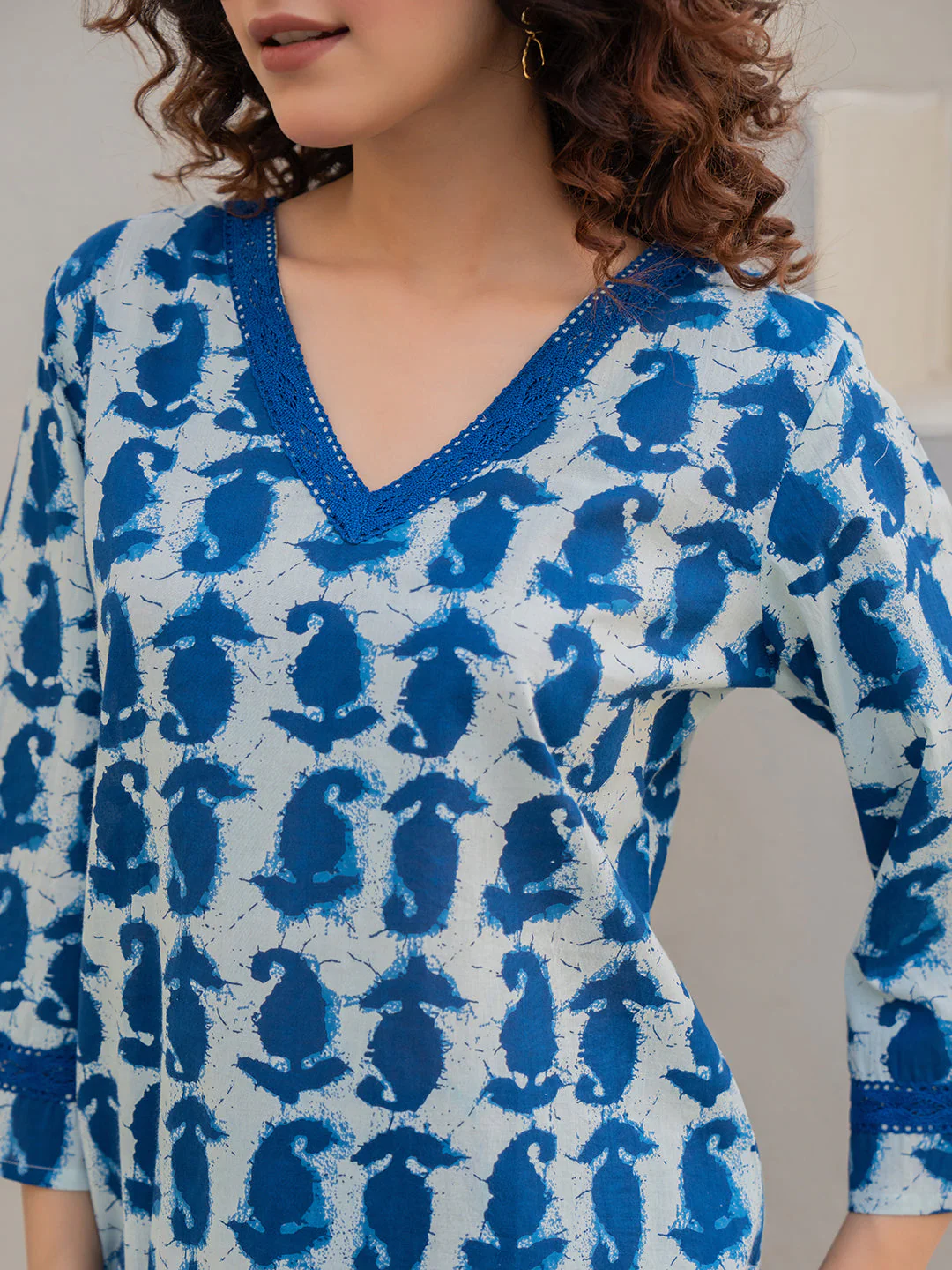 V-Neck Lace Sapphire Blue White Cotton Lounge Wear - Image 14