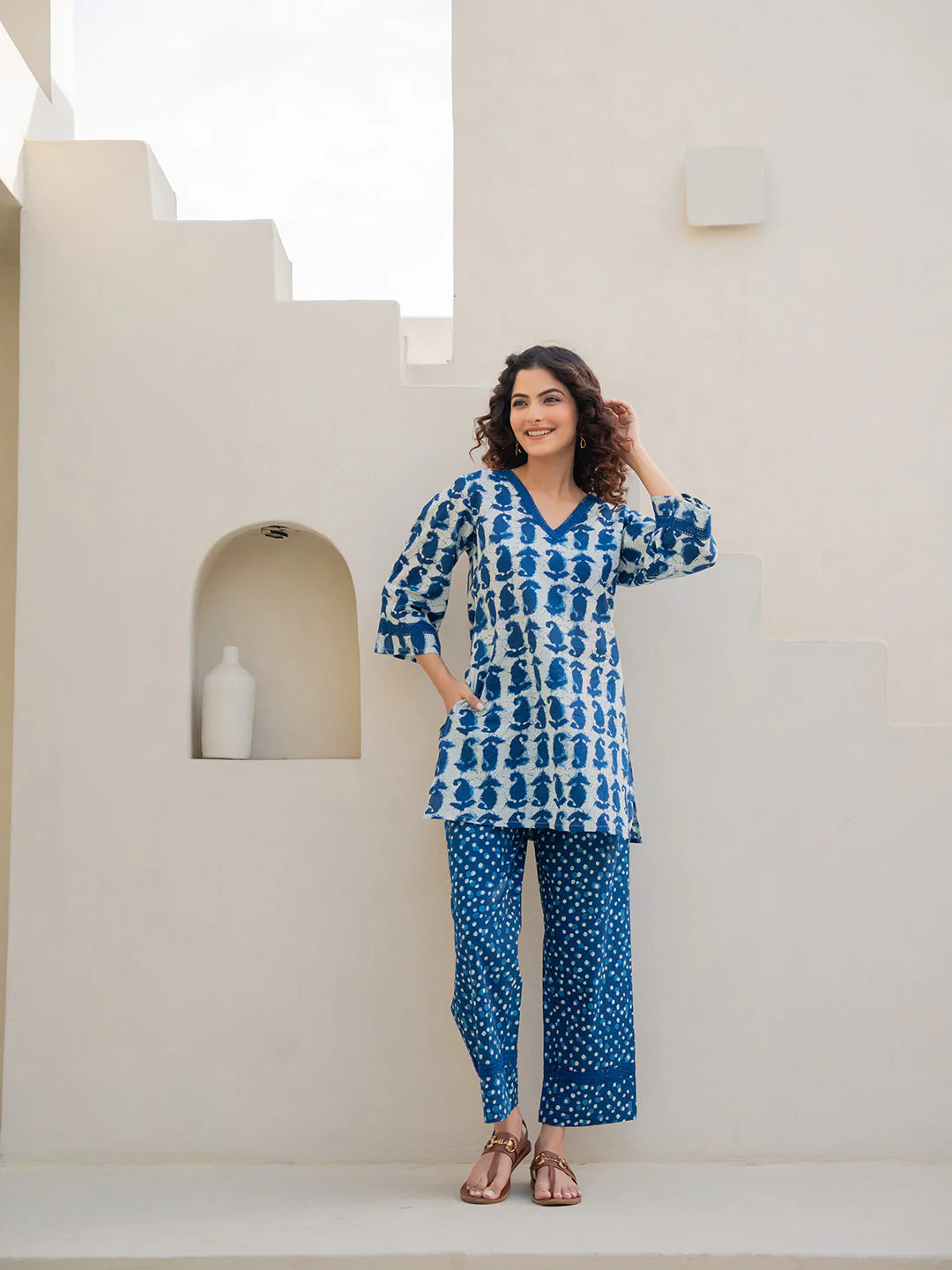 V-Neck Lace Sapphire Blue White Cotton Lounge Wear - Image 3