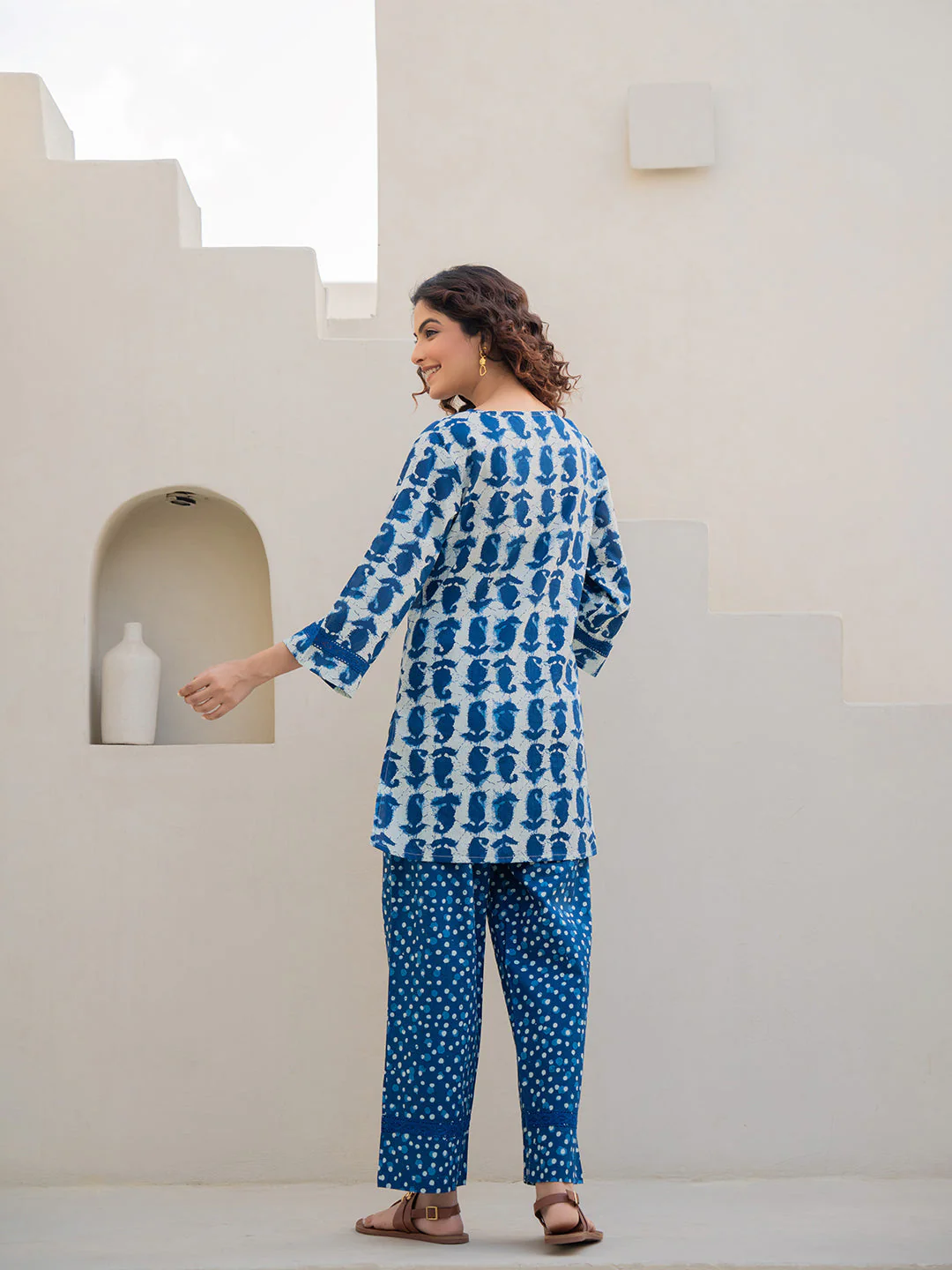 V-Neck Lace Sapphire Blue White Cotton Lounge Wear - Image 4
