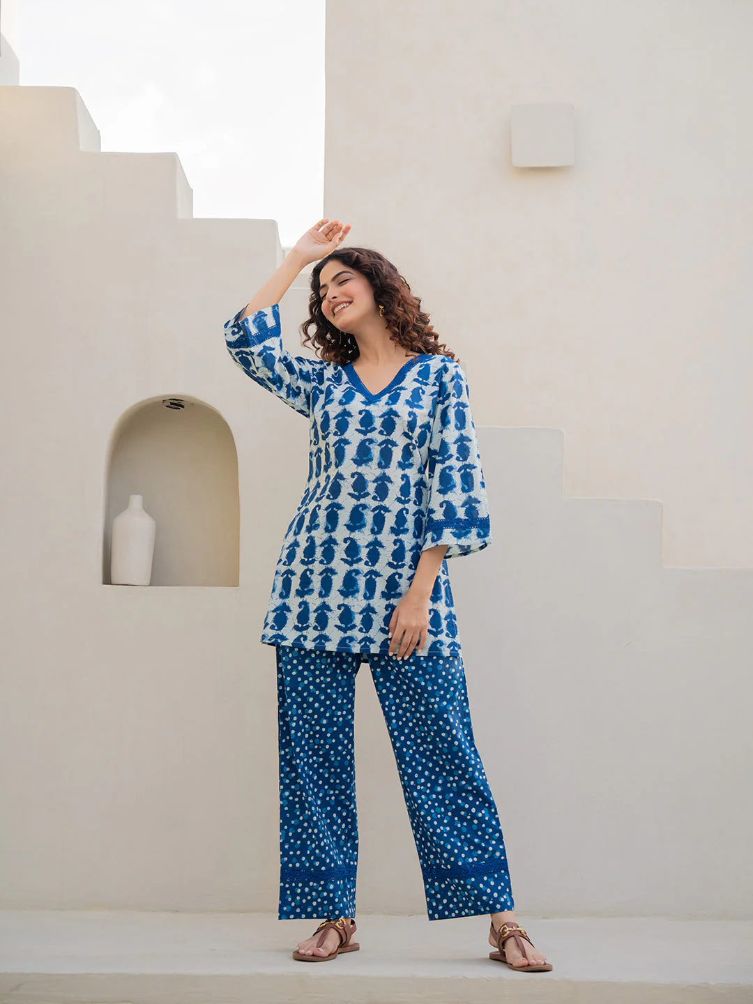 V-Neck Lace Sapphire Blue White Cotton Lounge Wear - Image 7