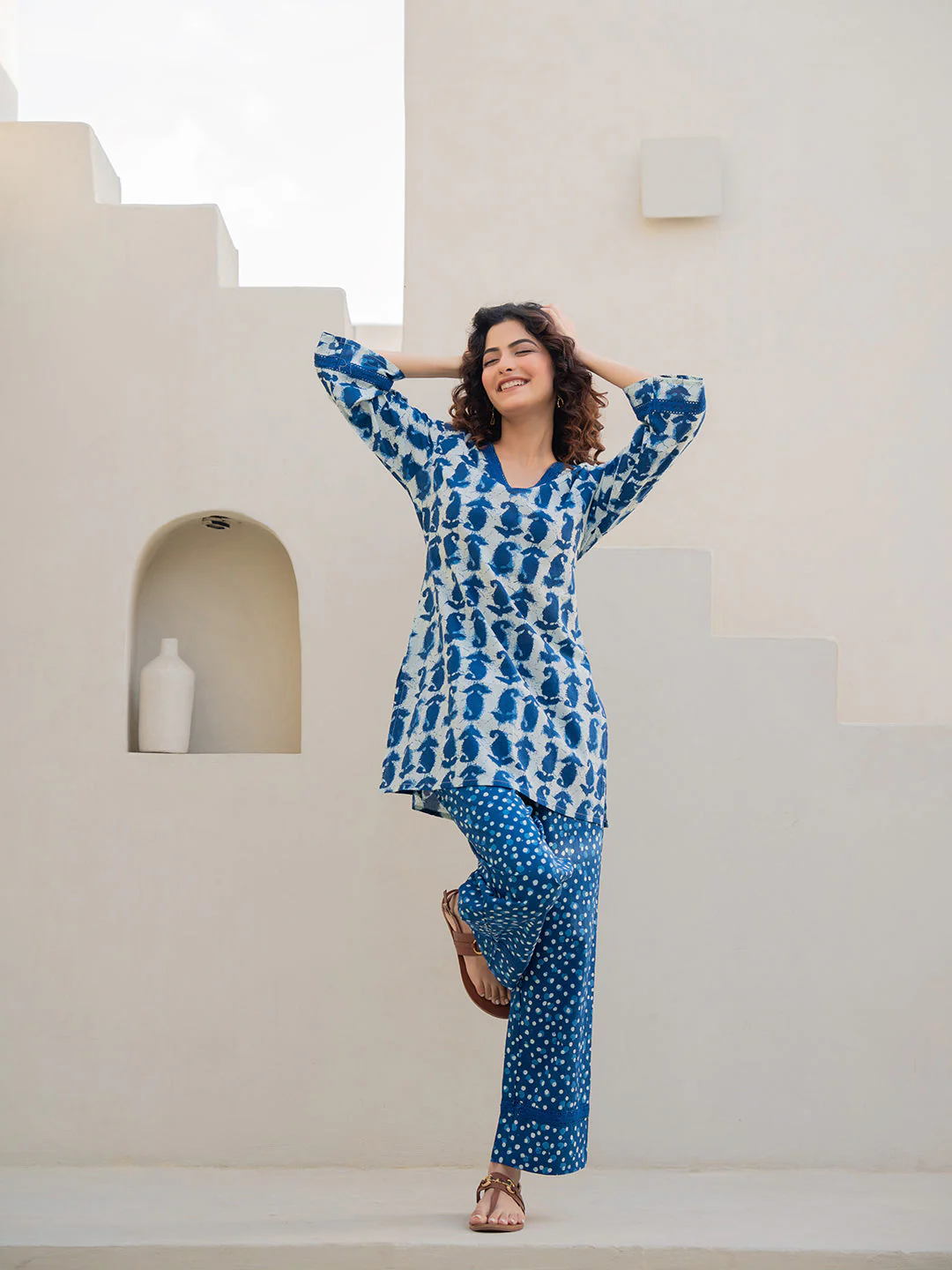 V-Neck Lace Sapphire Blue White Cotton Lounge Wear - Image 8