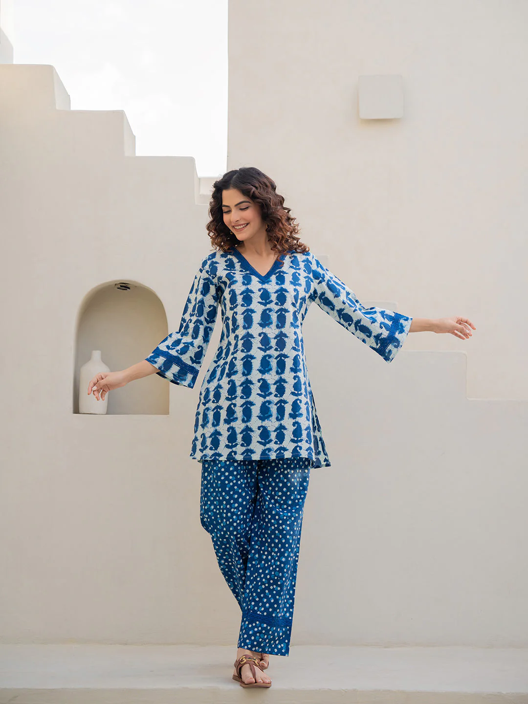 V-Neck Lace Sapphire Blue White Cotton Lounge Wear - Image 9