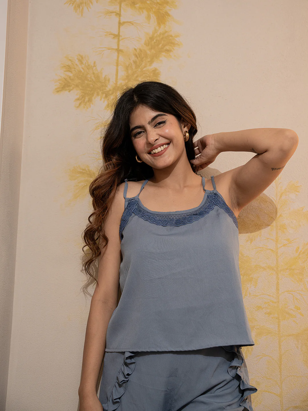 Light Blue Soft Crepe Sleeveless Top and Ruffle Shorts Co-Ord Set - Image 12