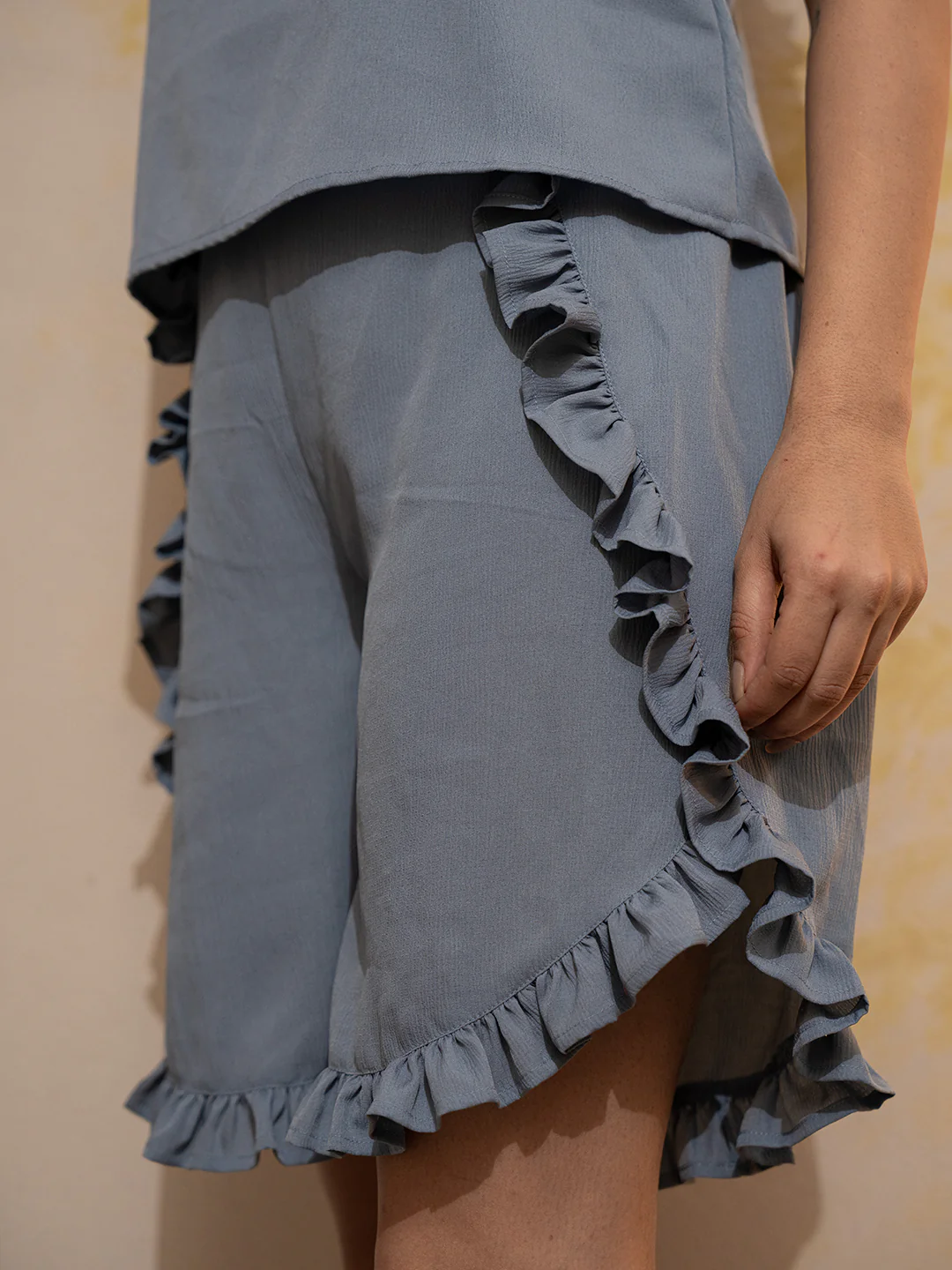 Light Blue Soft Crepe Sleeveless Top and Ruffle Shorts Co-Ord Set - Image 4