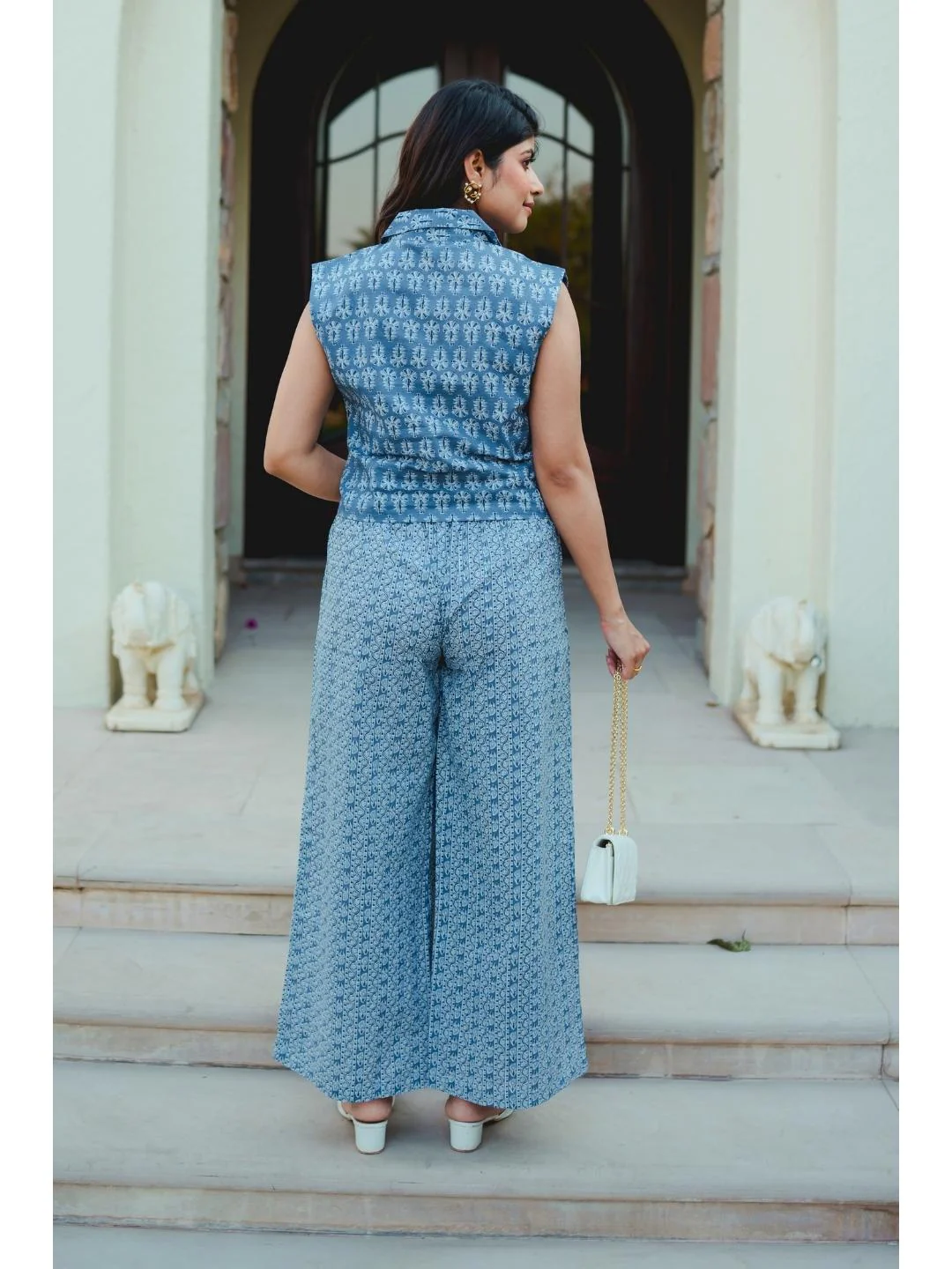 Sleeveless Collar Blue Cotton Set - Image 4