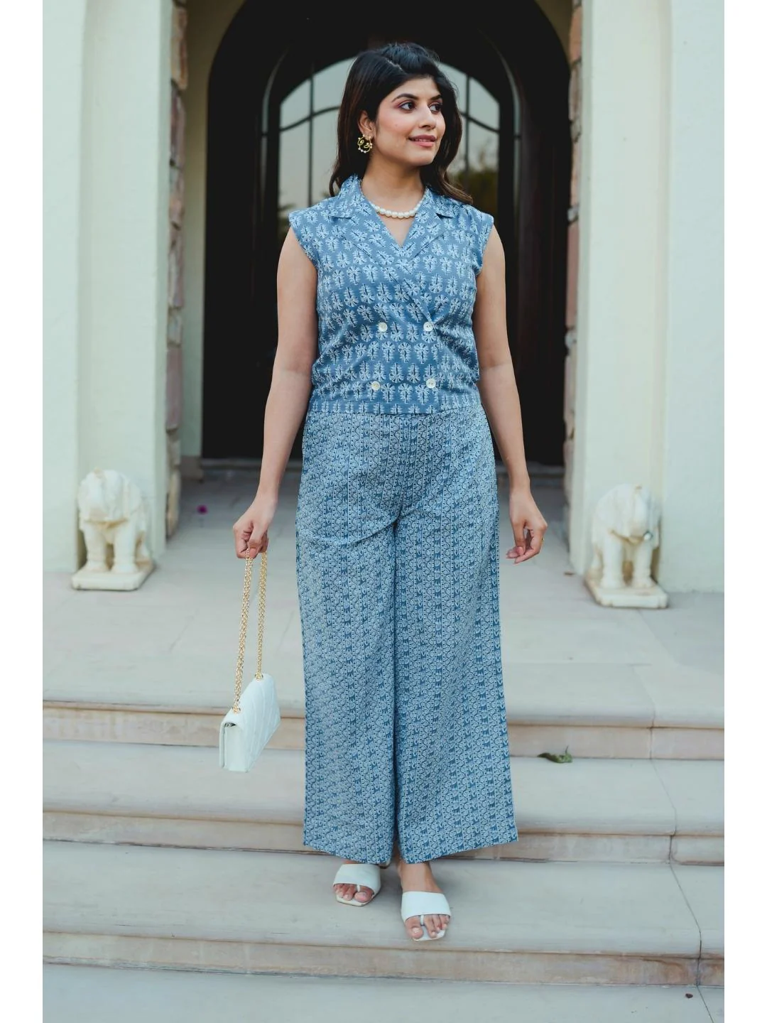 Sleeveless Collar Blue Cotton Set - Image 6
