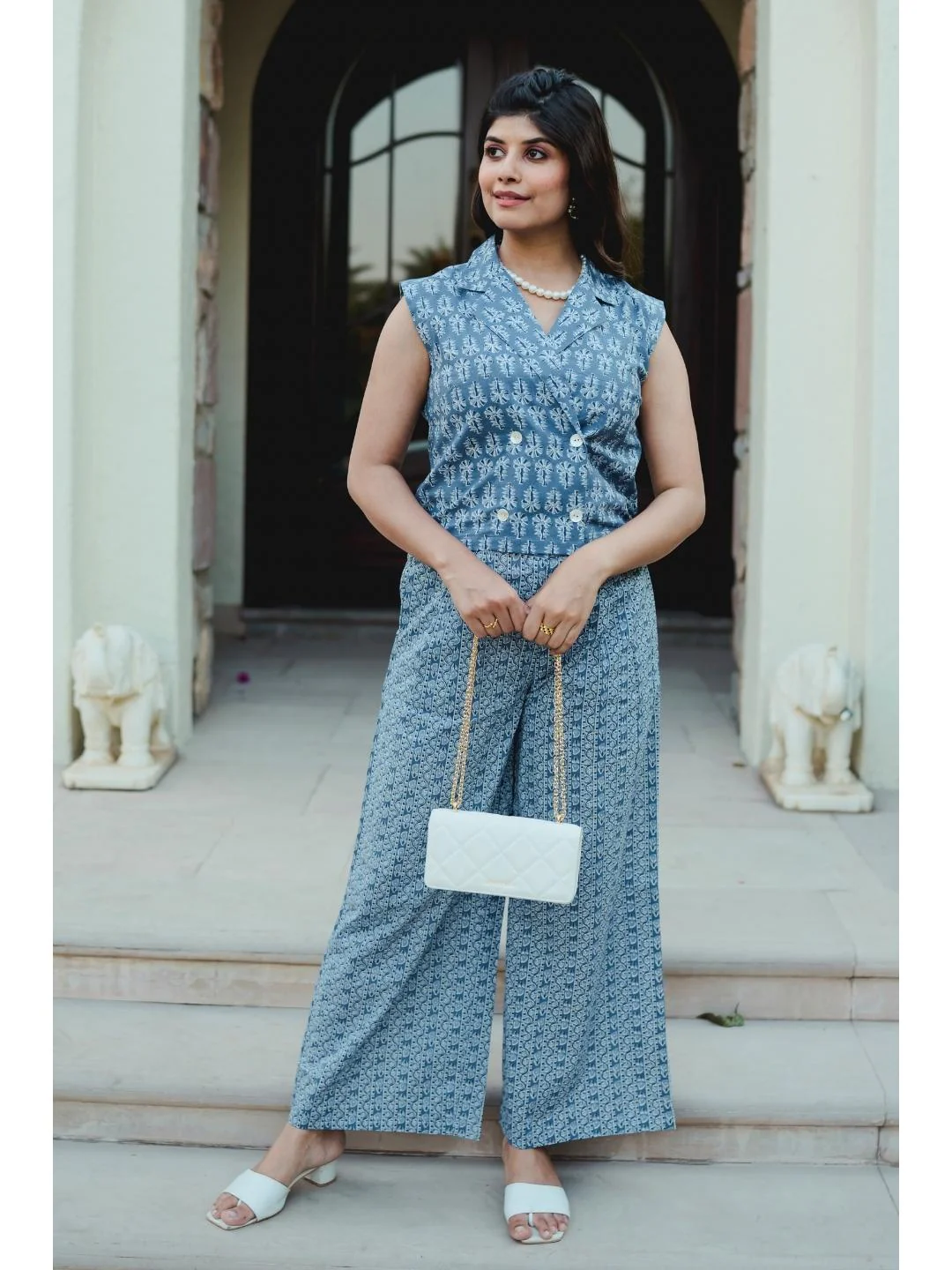 Sleeveless Collar Blue Cotton Set - Image 7