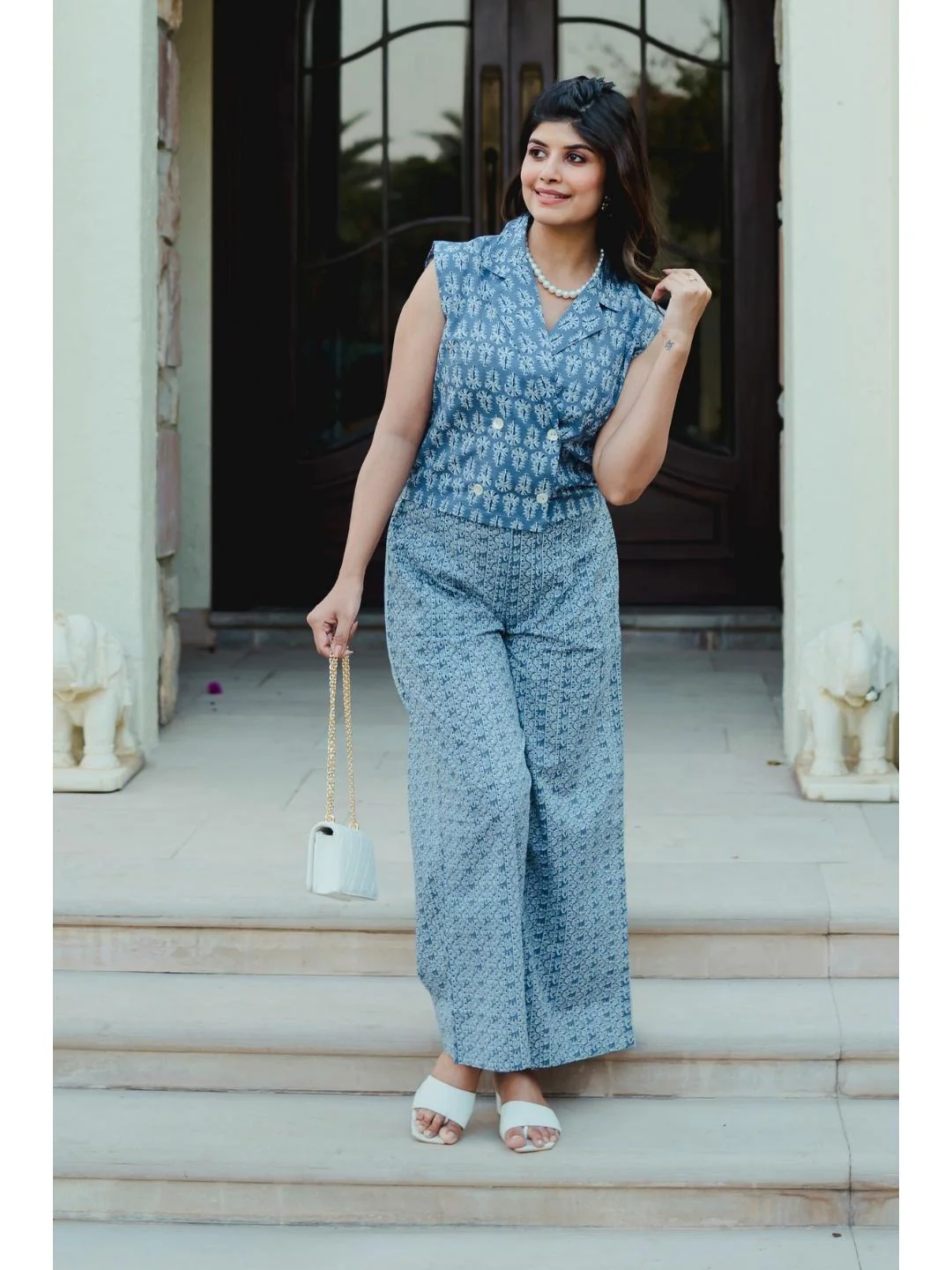 Sleeveless Collar Blue Cotton Set - Image 8