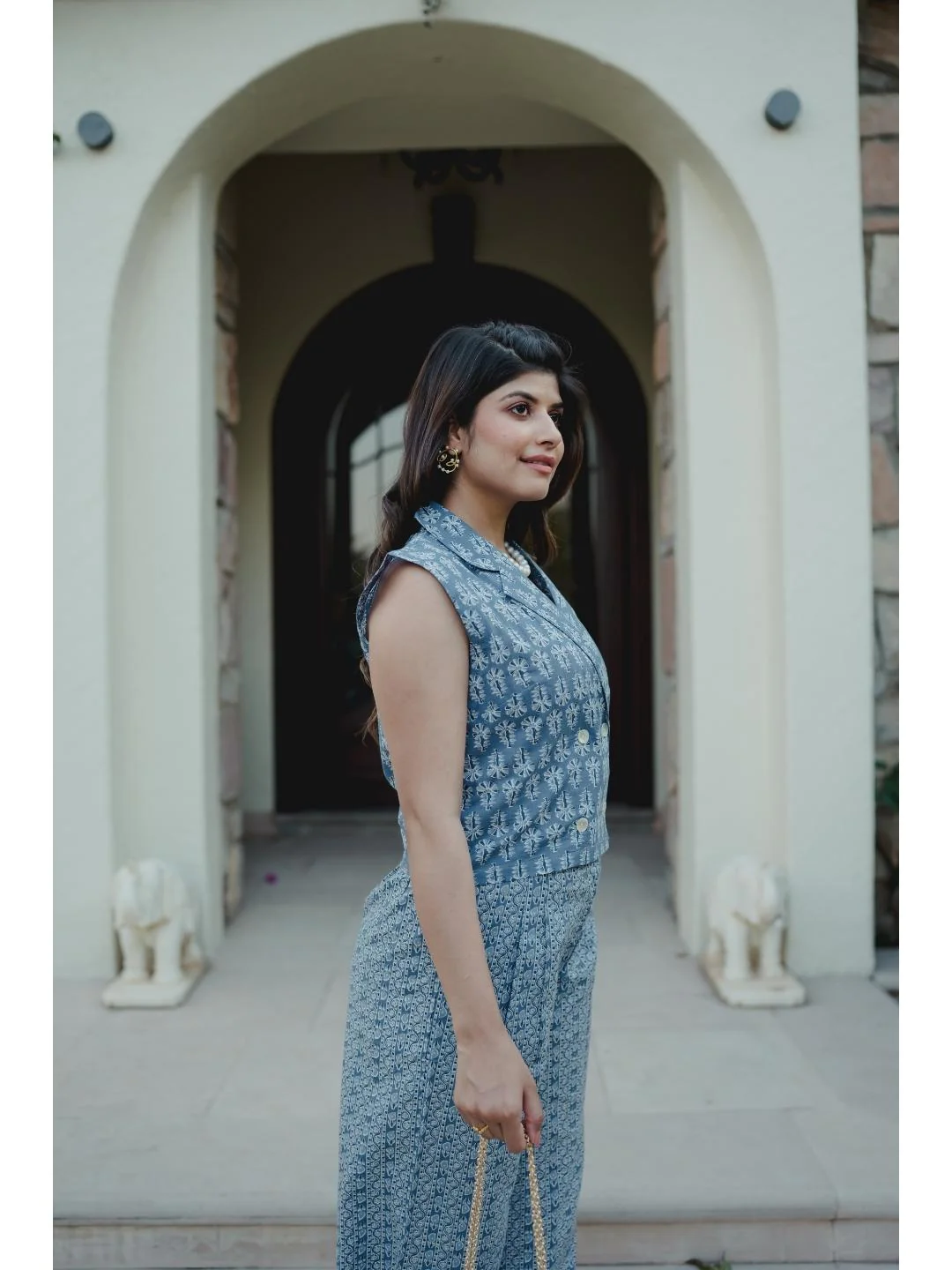 Sleeveless Collar Blue Cotton Set - Image 9