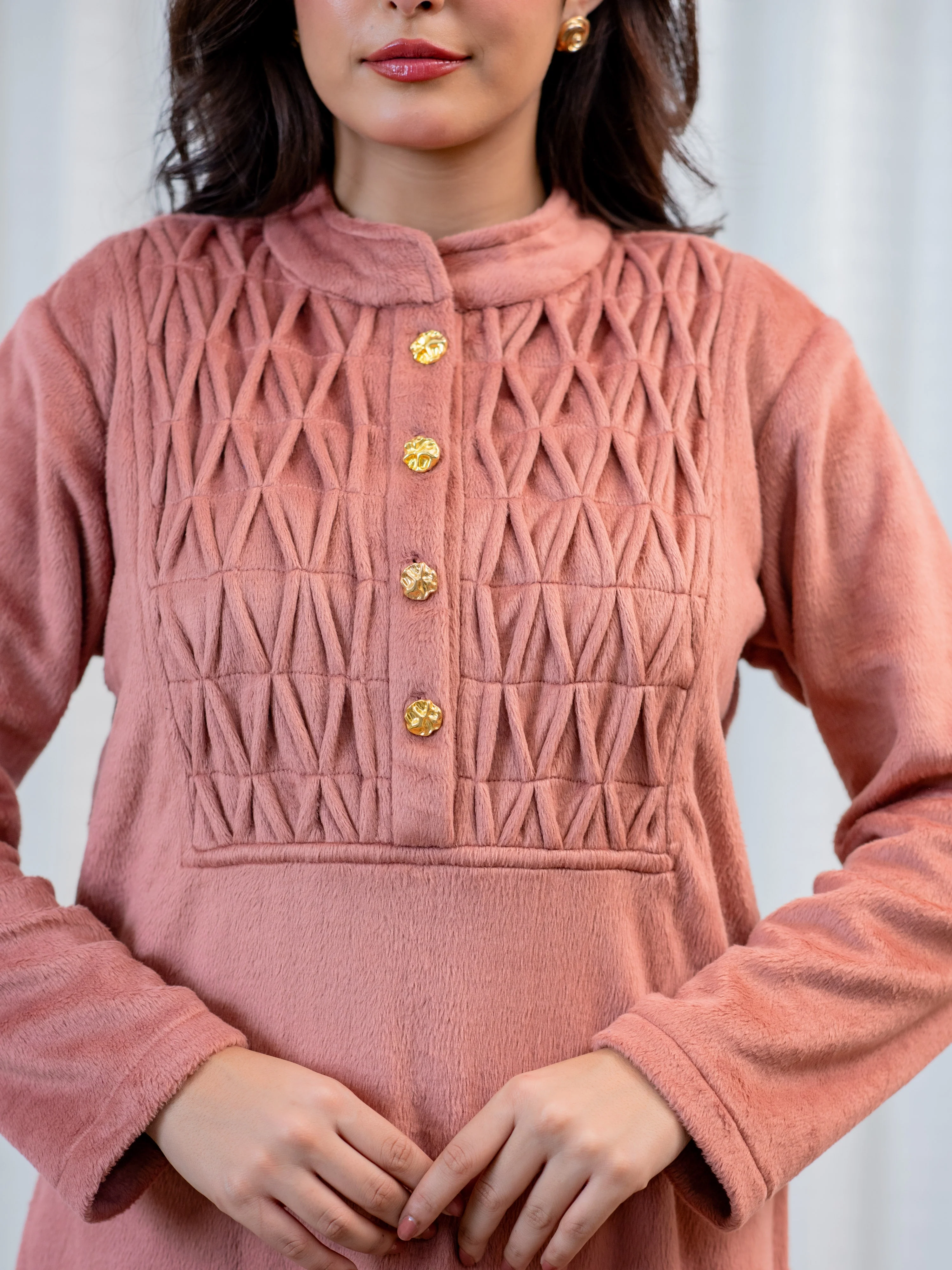 Super Soft Dusty Pink Pleated Long Kurta Woollen Set - Image 5