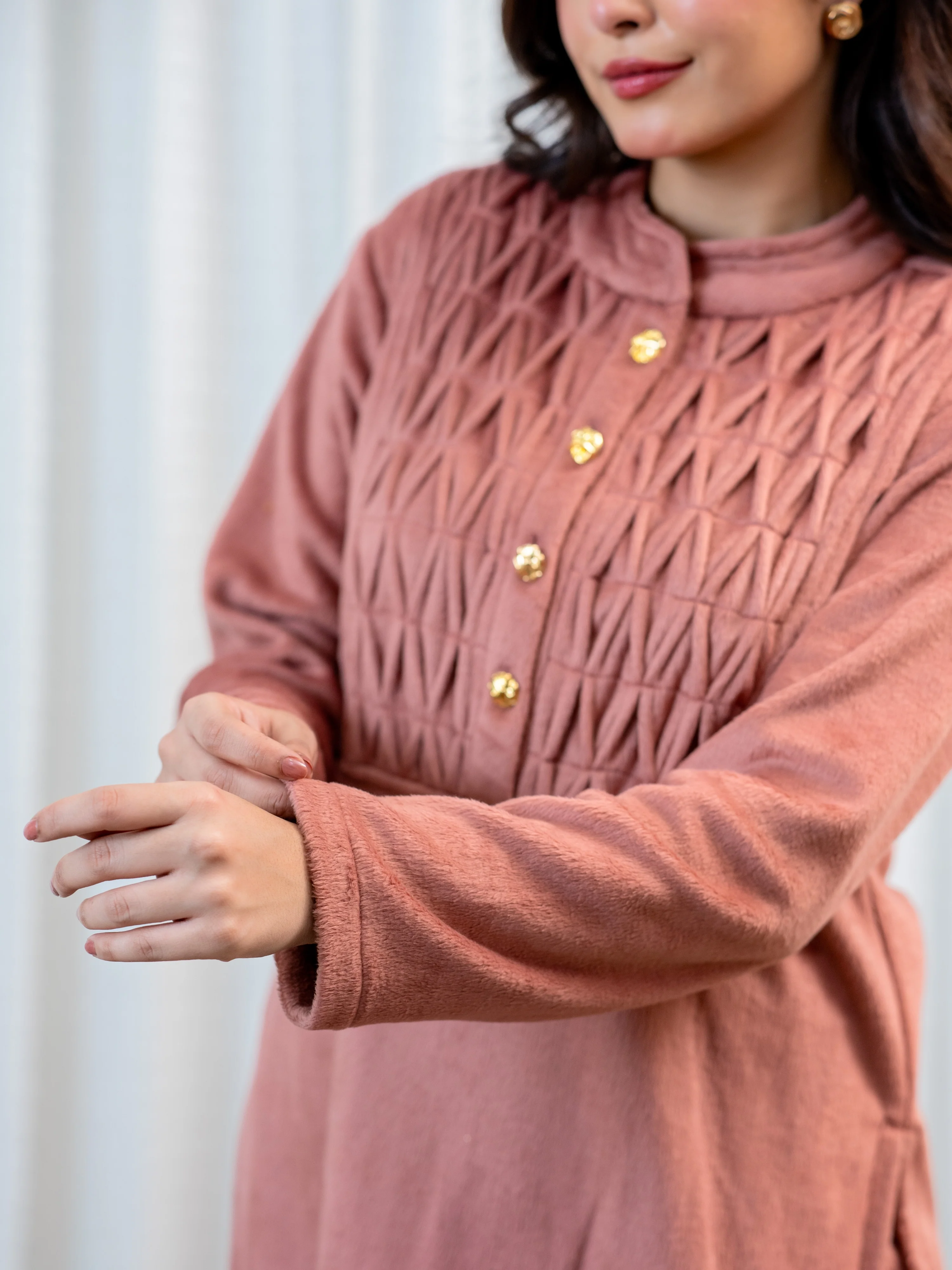 Super Soft Dusty Pink Pleated Long Kurta Woollen Set - Image 7