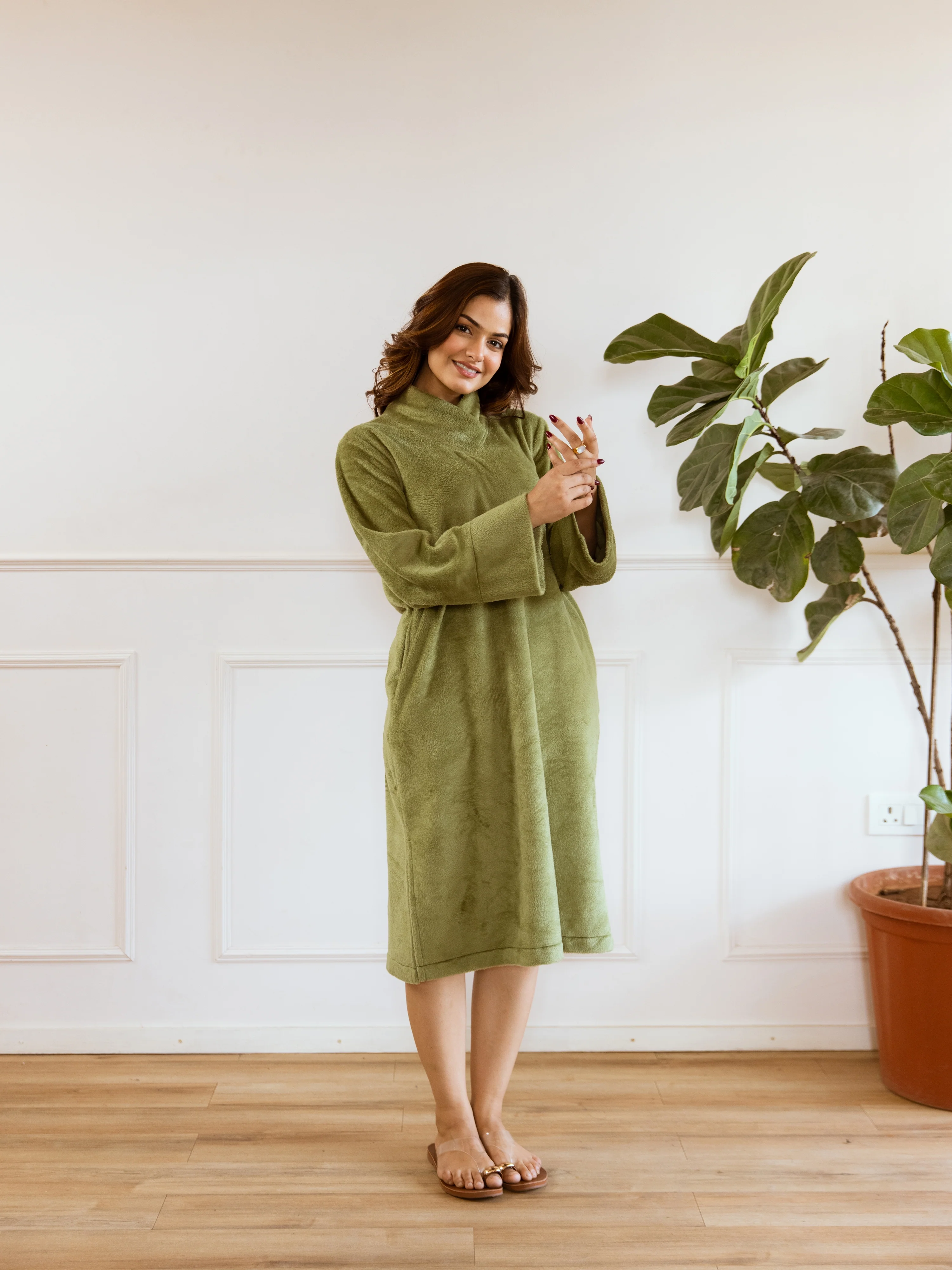 Super Soft Green Woollen Cross Neck Midi Dress - Image 10
