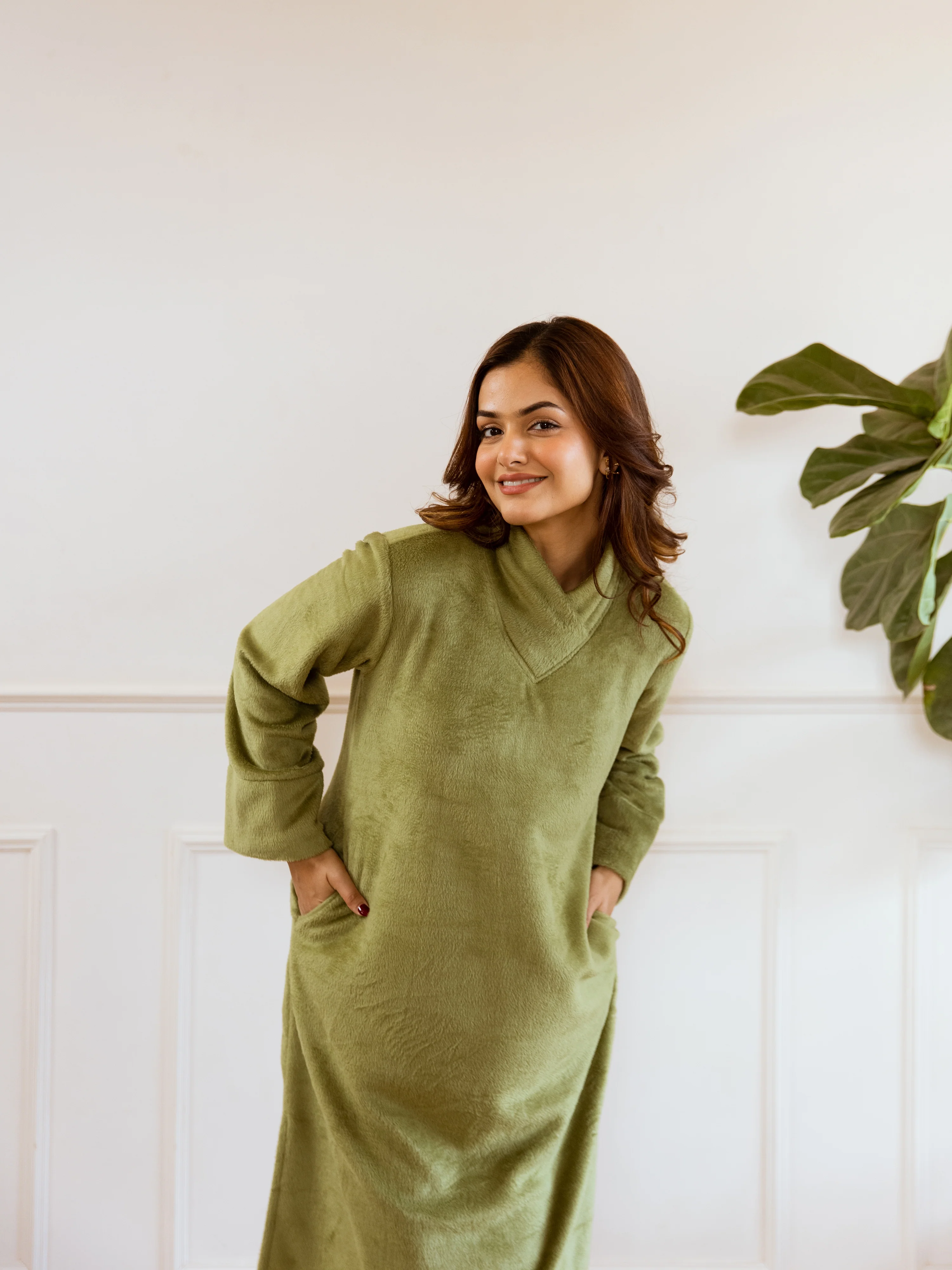Super Soft Green Woollen Cross Neck Midi Dress - Image 11