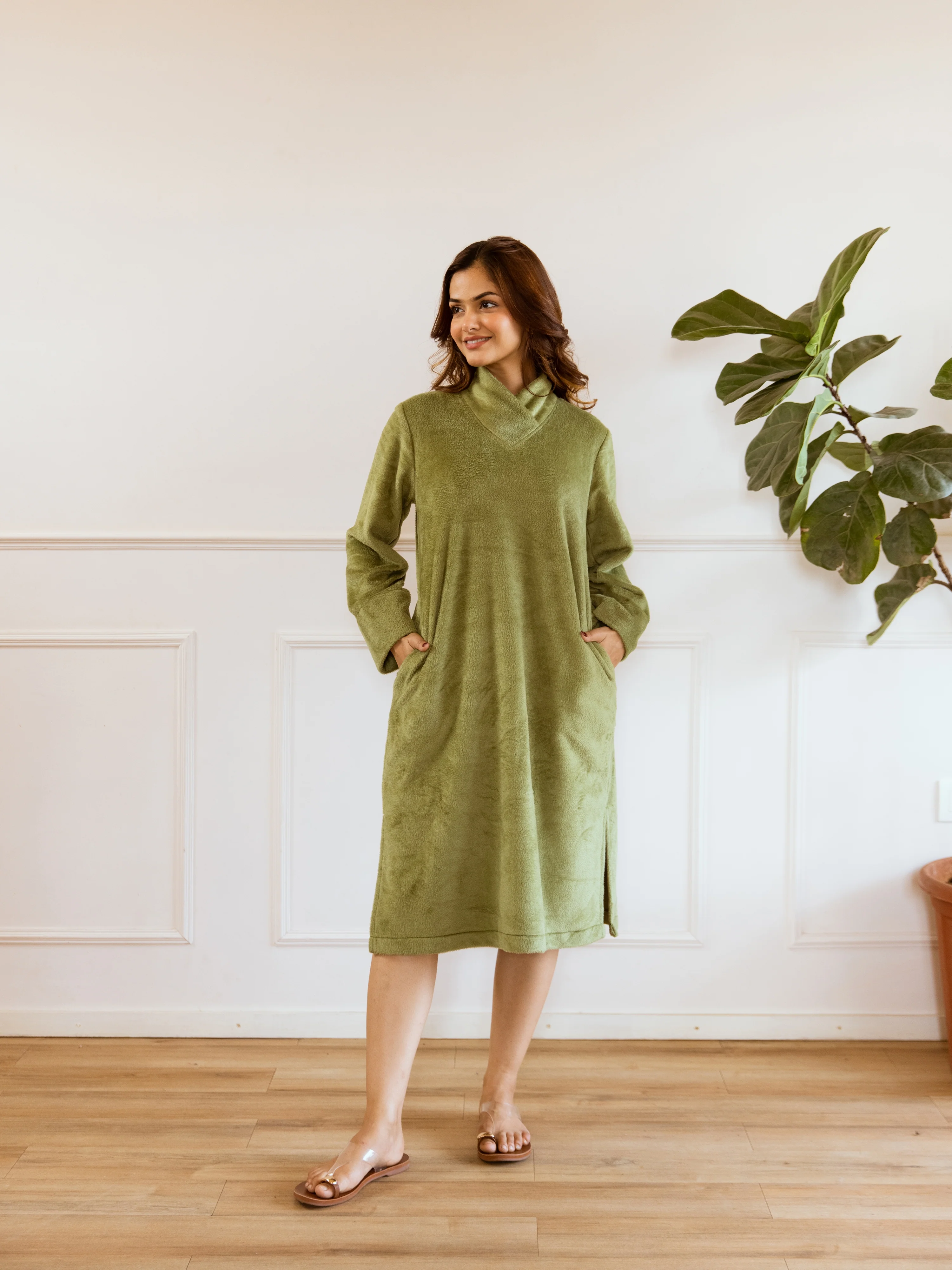 Super Soft Green Woollen Cross Neck Midi Dress - Image 3