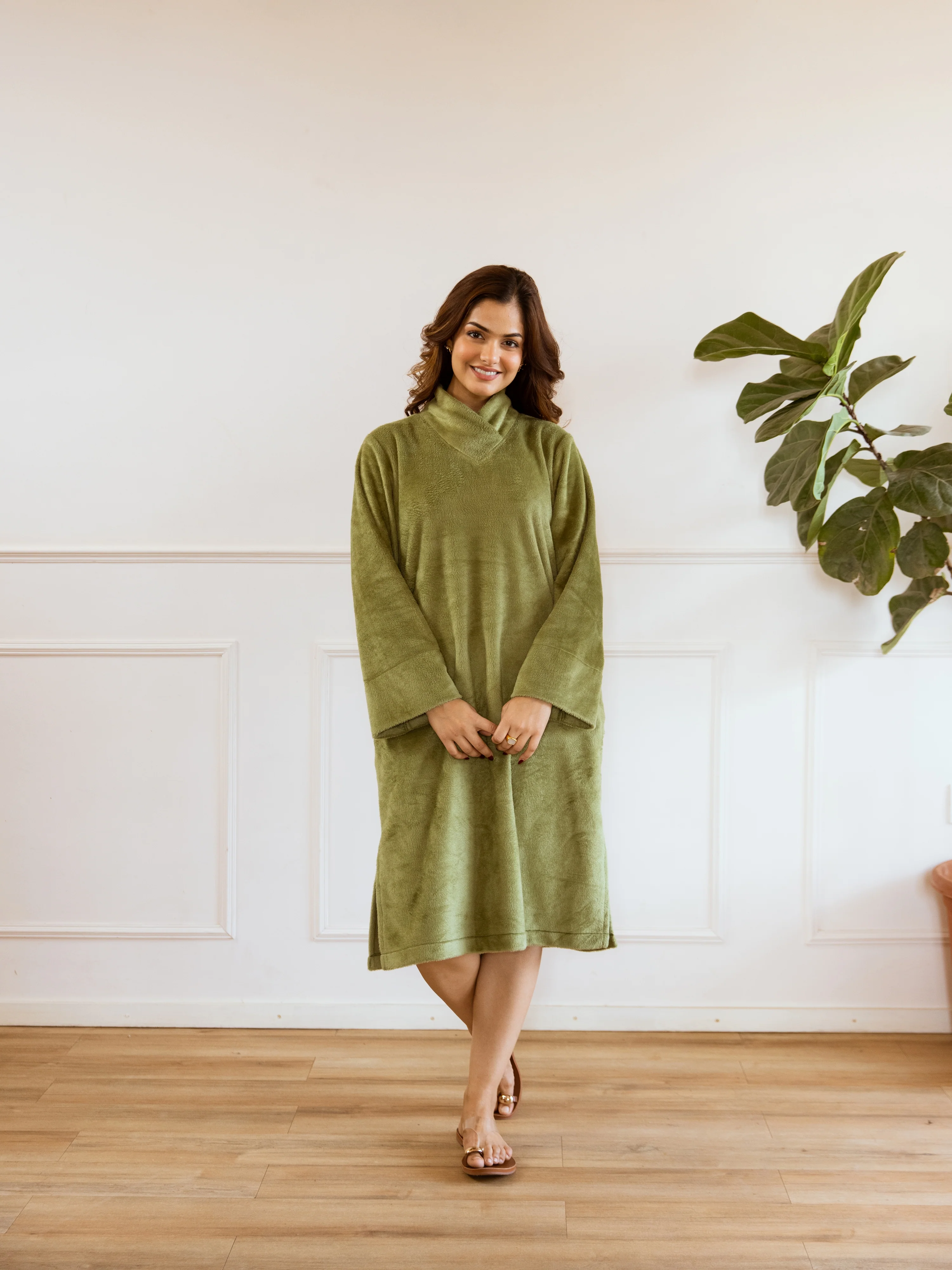 Super Soft Green Woollen Cross Neck Midi Dress - Image 6