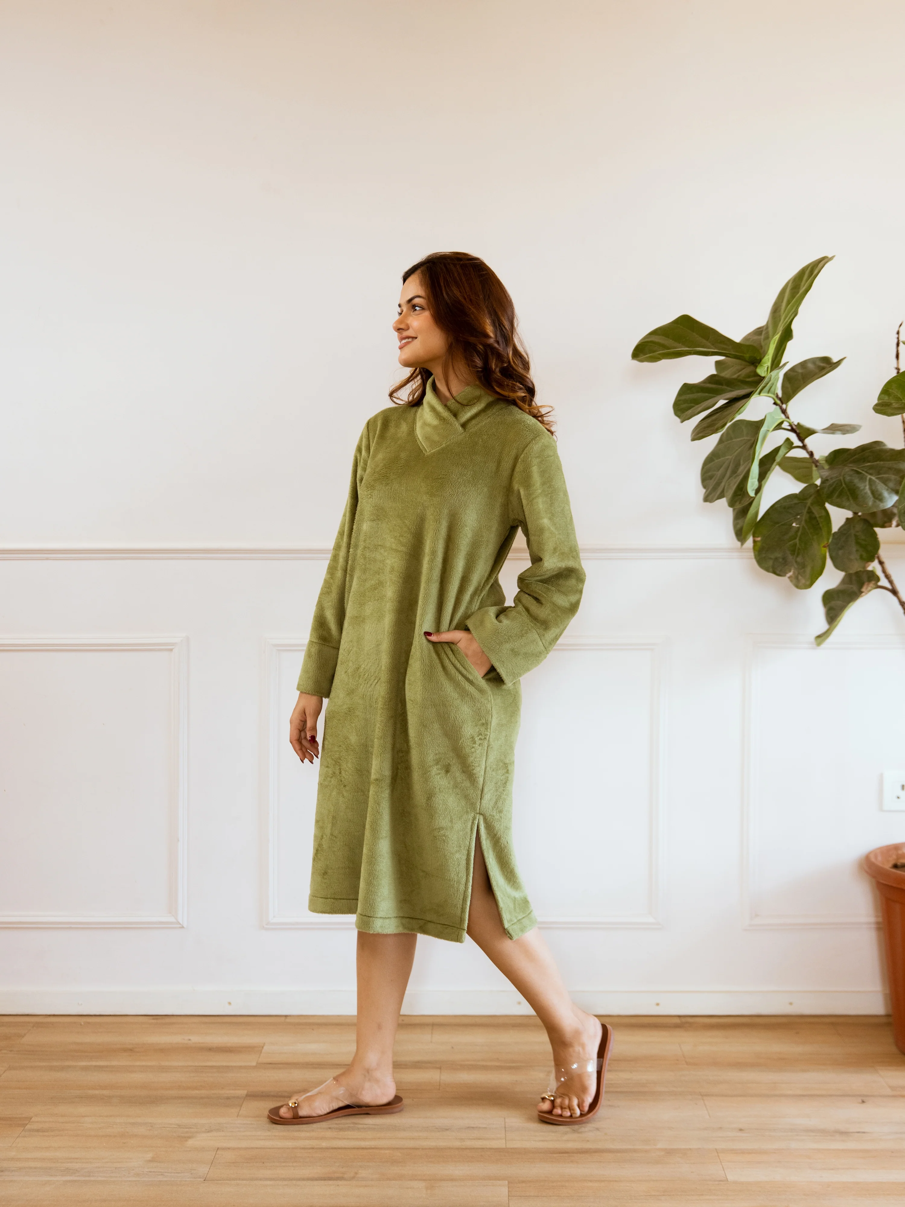 Super Soft Green Woollen Cross Neck Midi Dress - Image 8