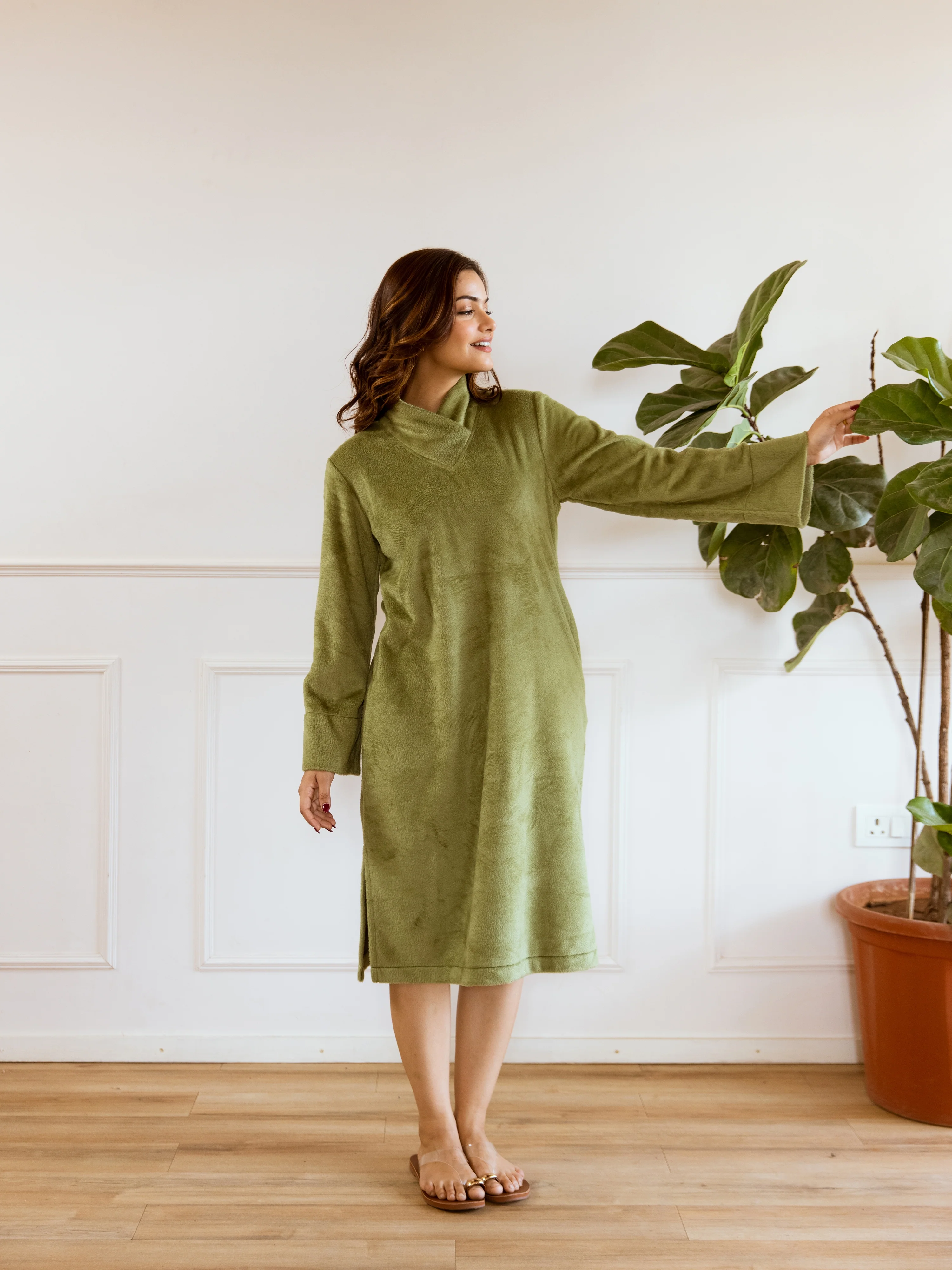 Super Soft Green Woollen Cross Neck Midi Dress - Image 9