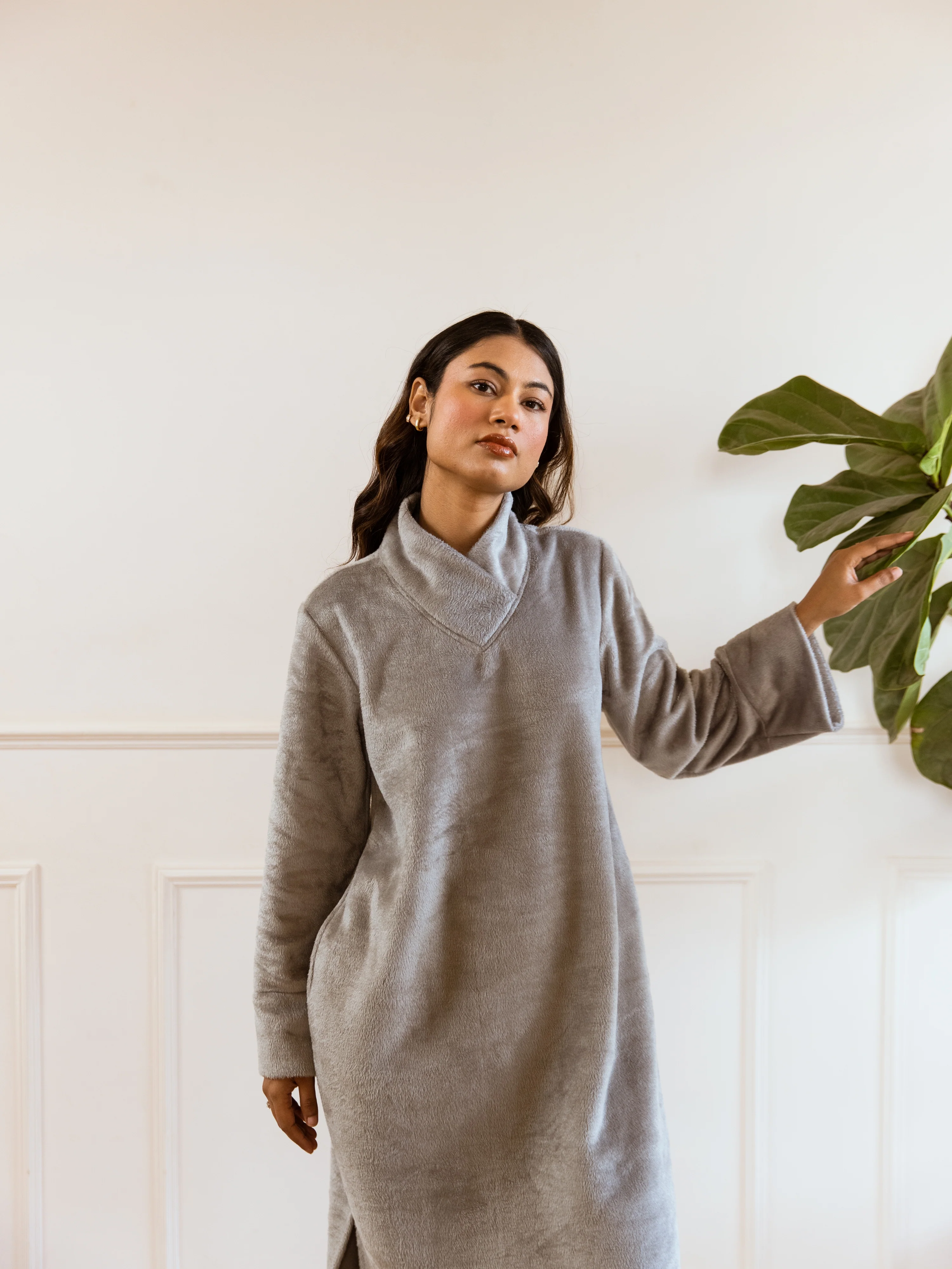 Super Soft Grey Woollen Cross Neck Midi Dress - Image 10