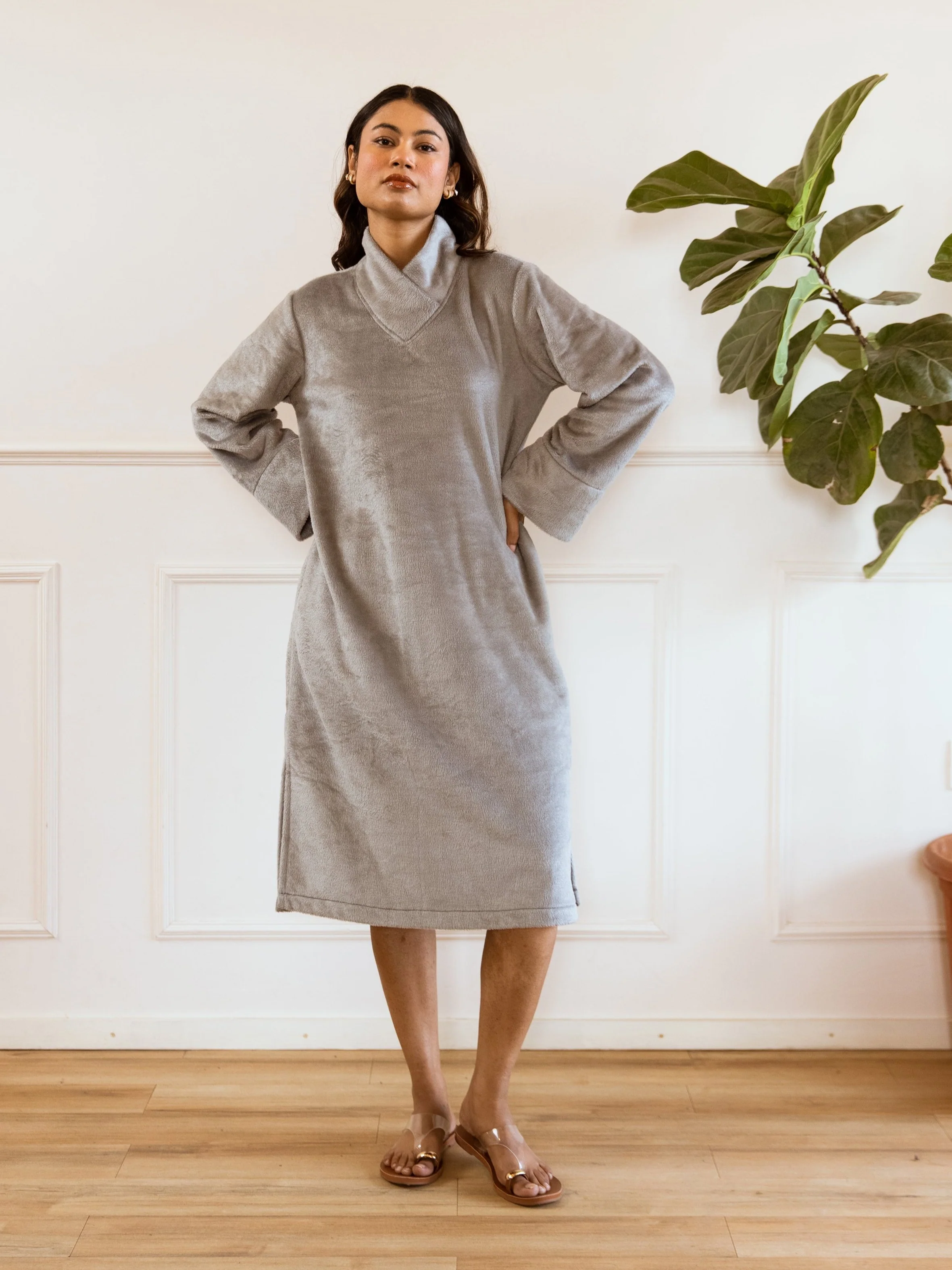 Super Soft Grey Woollen Cross Neck Midi Dress - Image 3