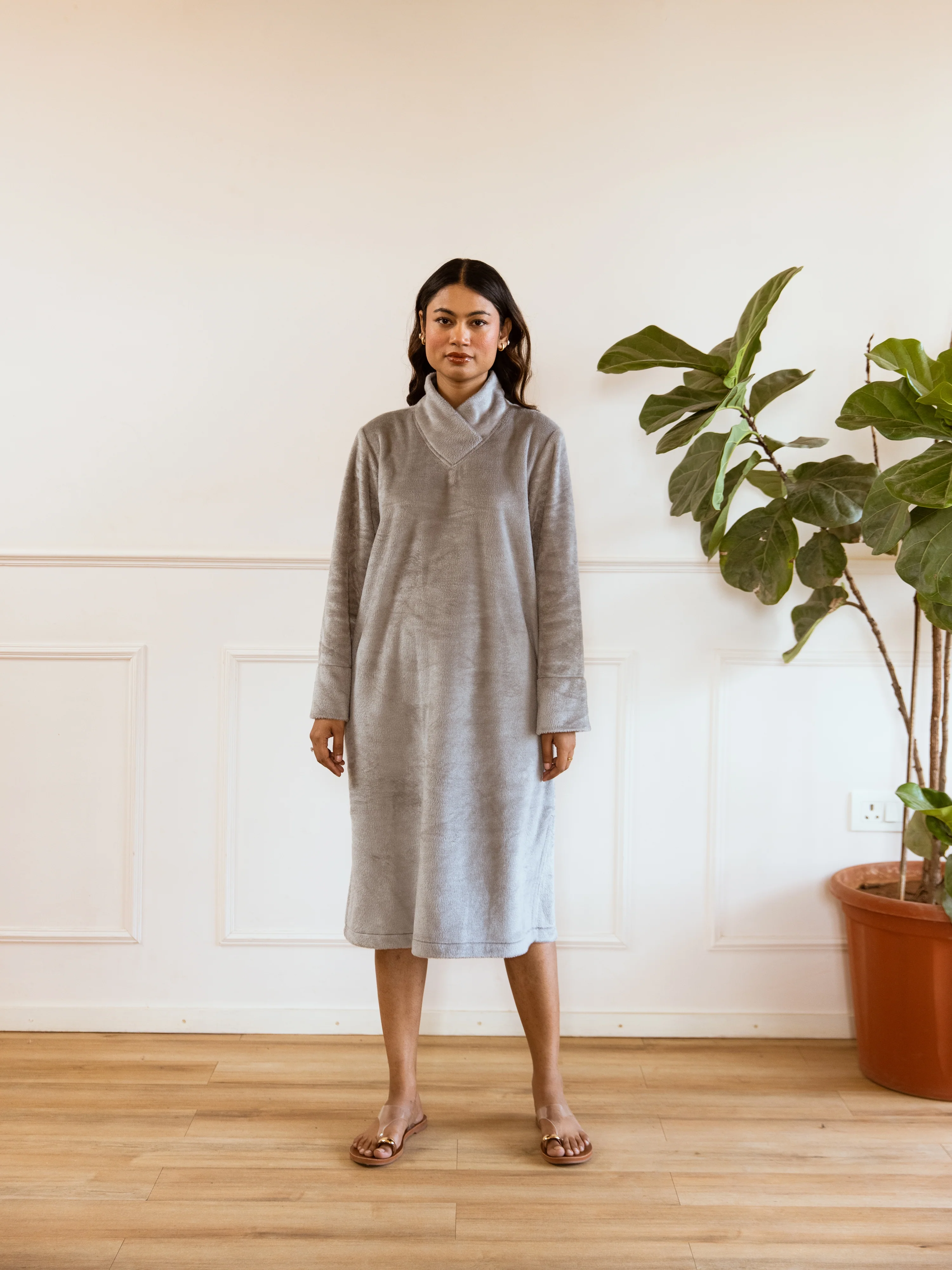 Super Soft Grey Woollen Cross Neck Midi Dress - Image 4