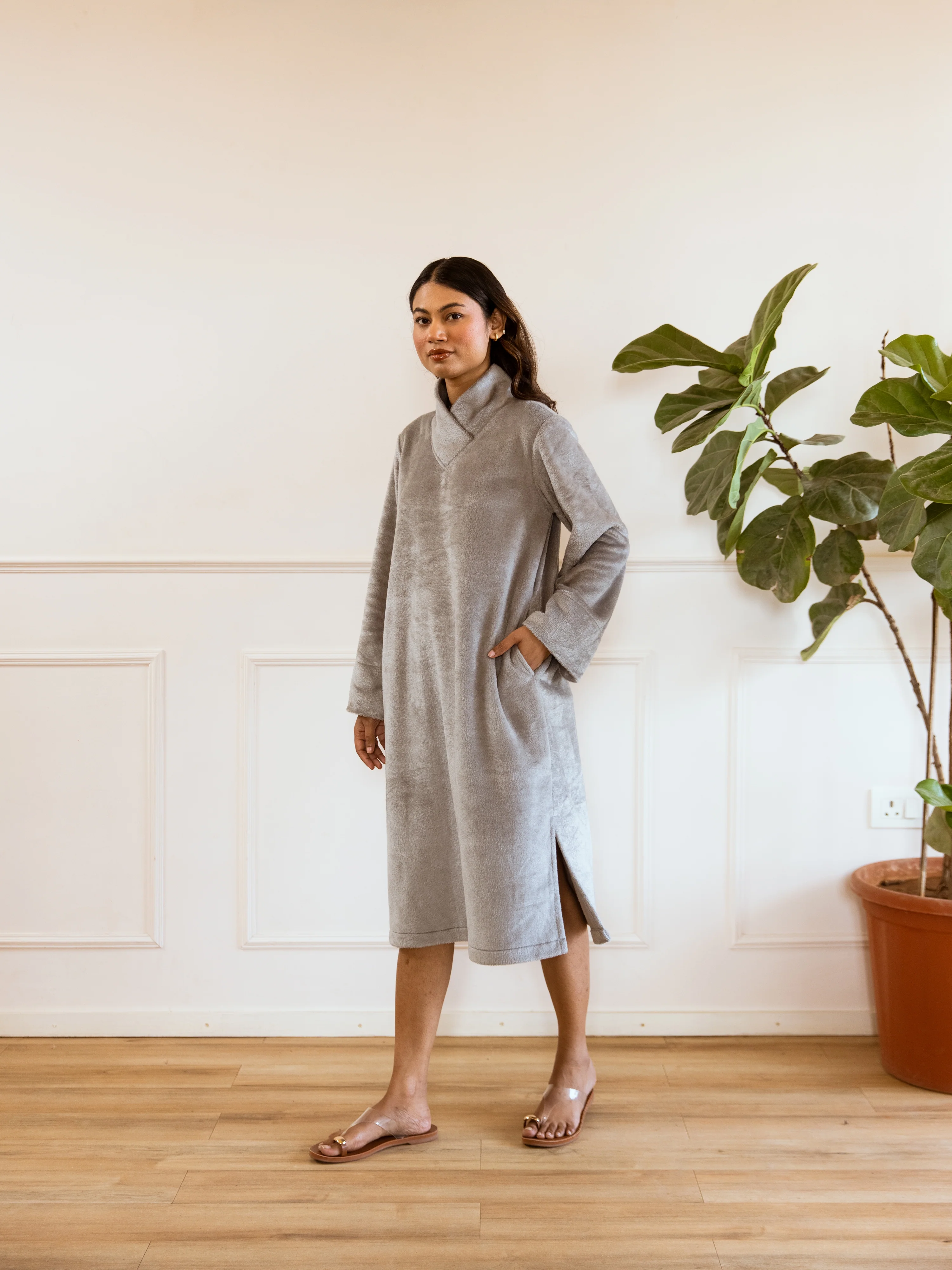 Super Soft Grey Woollen Cross Neck Midi Dress - Image 5