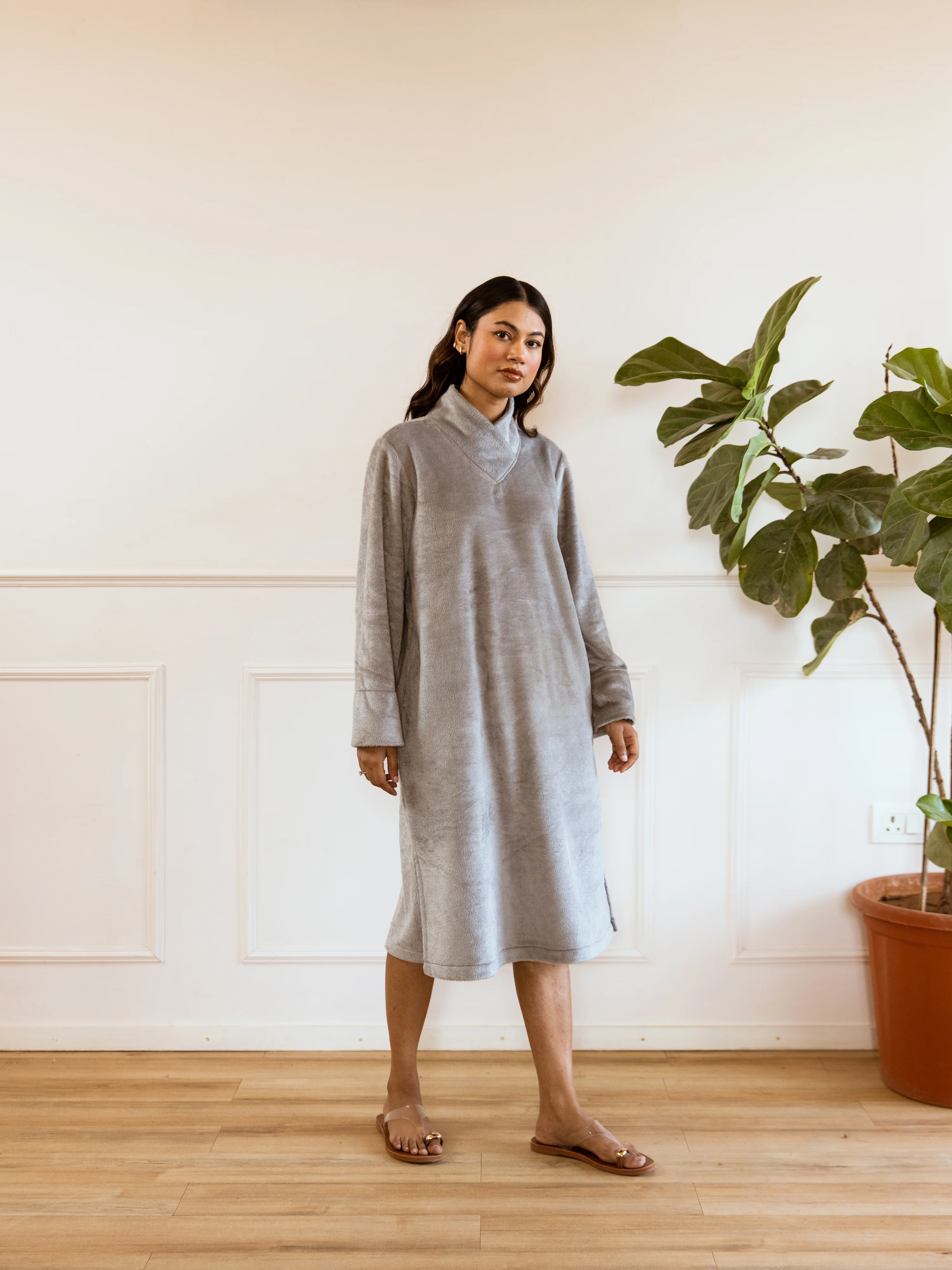 Super Soft Grey Woollen Cross Neck Midi Dress - Image 7