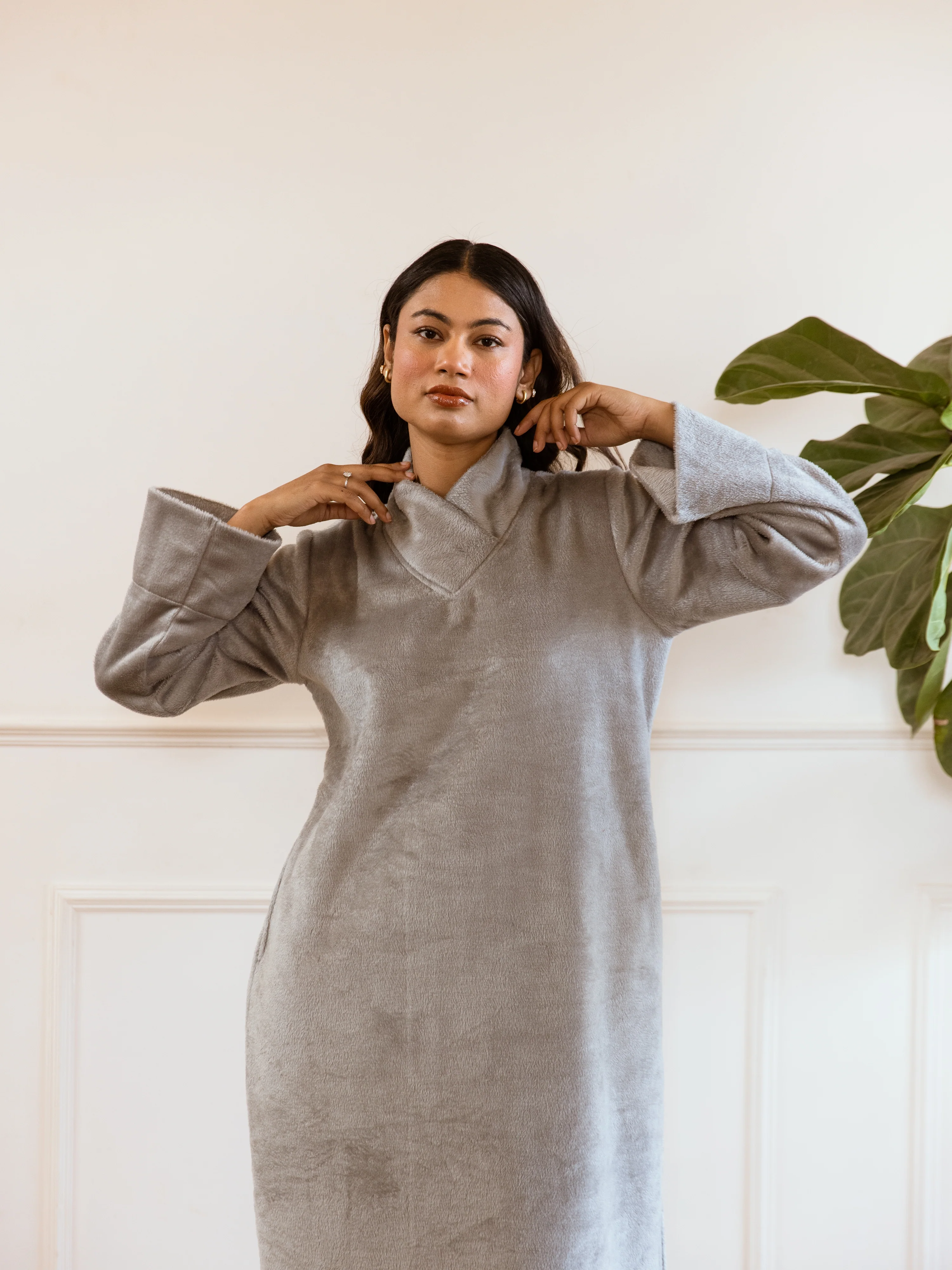 Super Soft Grey Woollen Cross Neck Midi Dress - Image 9