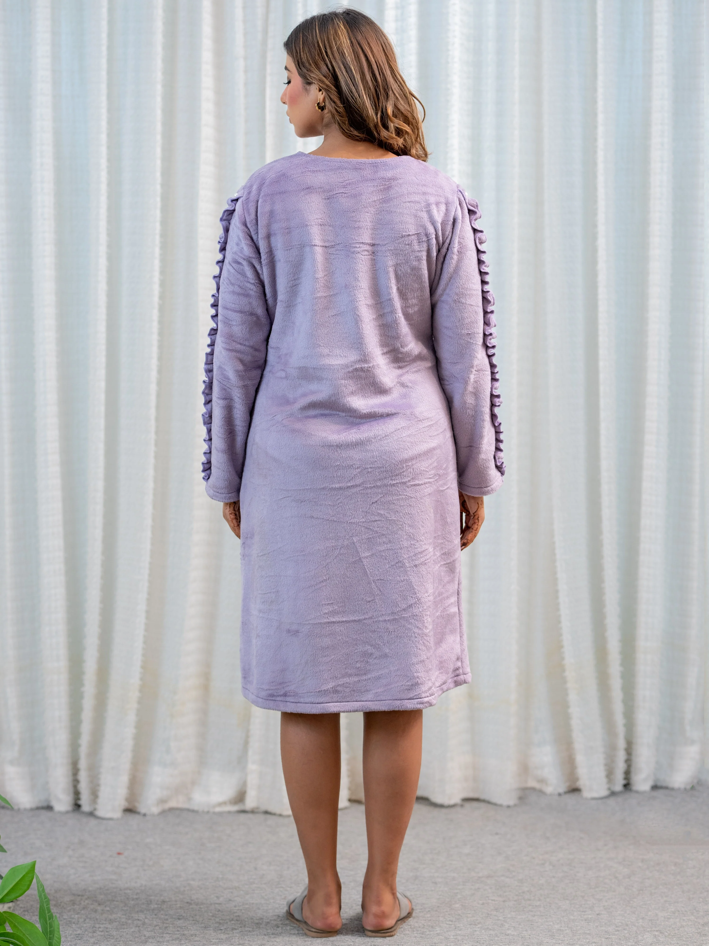 Super Soft Lavender Woollen Ruffle Sleeve Midi Dress - Image 8