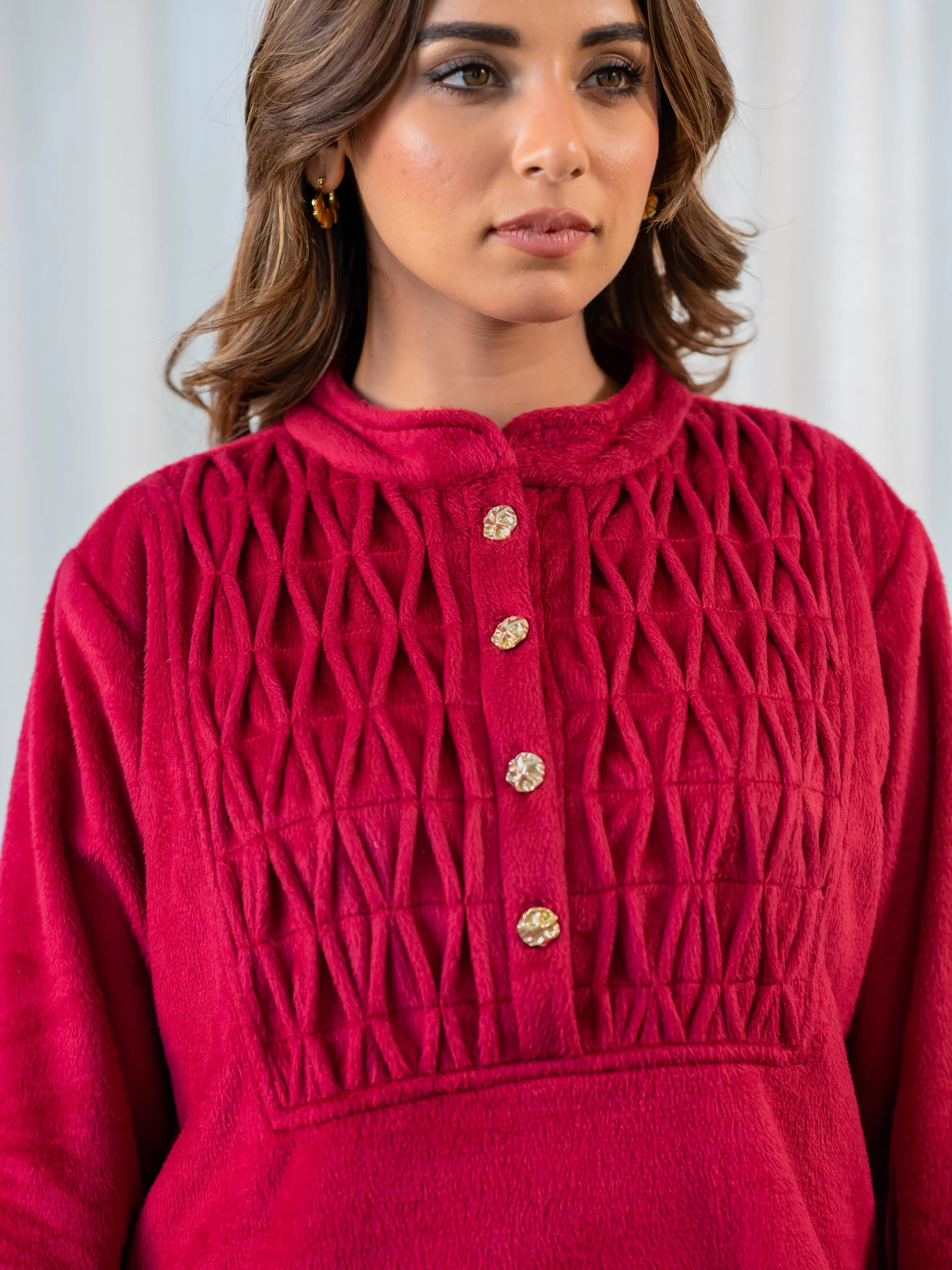 Super Soft Maroon Classic Pleated Woollen Set - Image 2